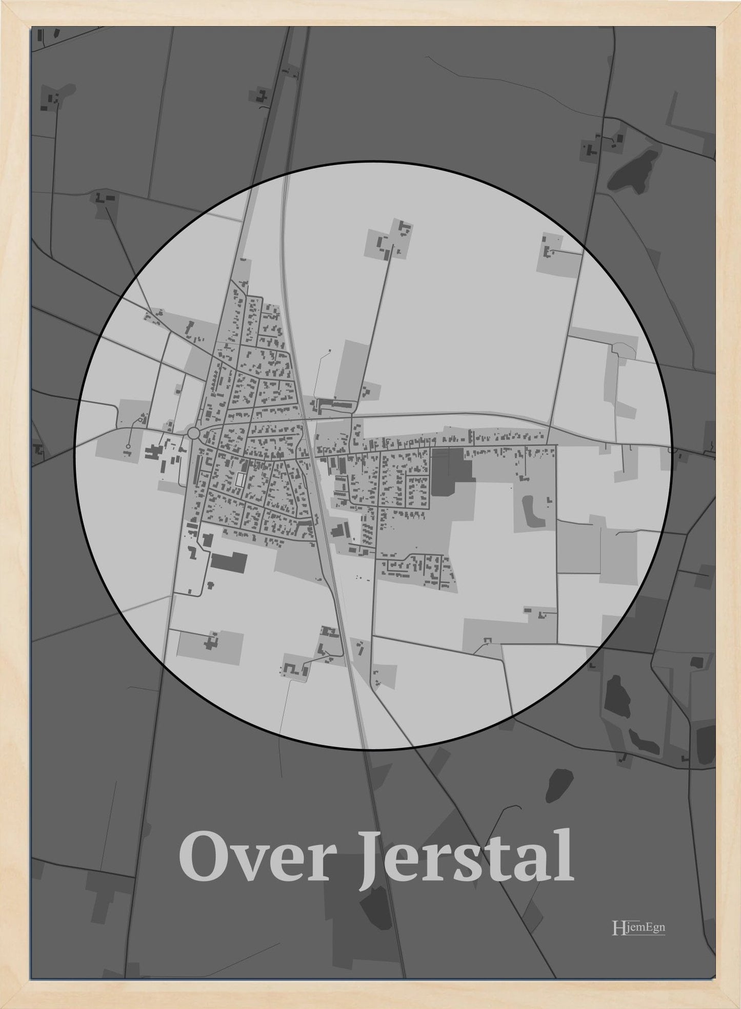 Over Jerstal plakat i farve pastel grå og HjemEgn.dk design centrum. Design bykort for Over Jerstal