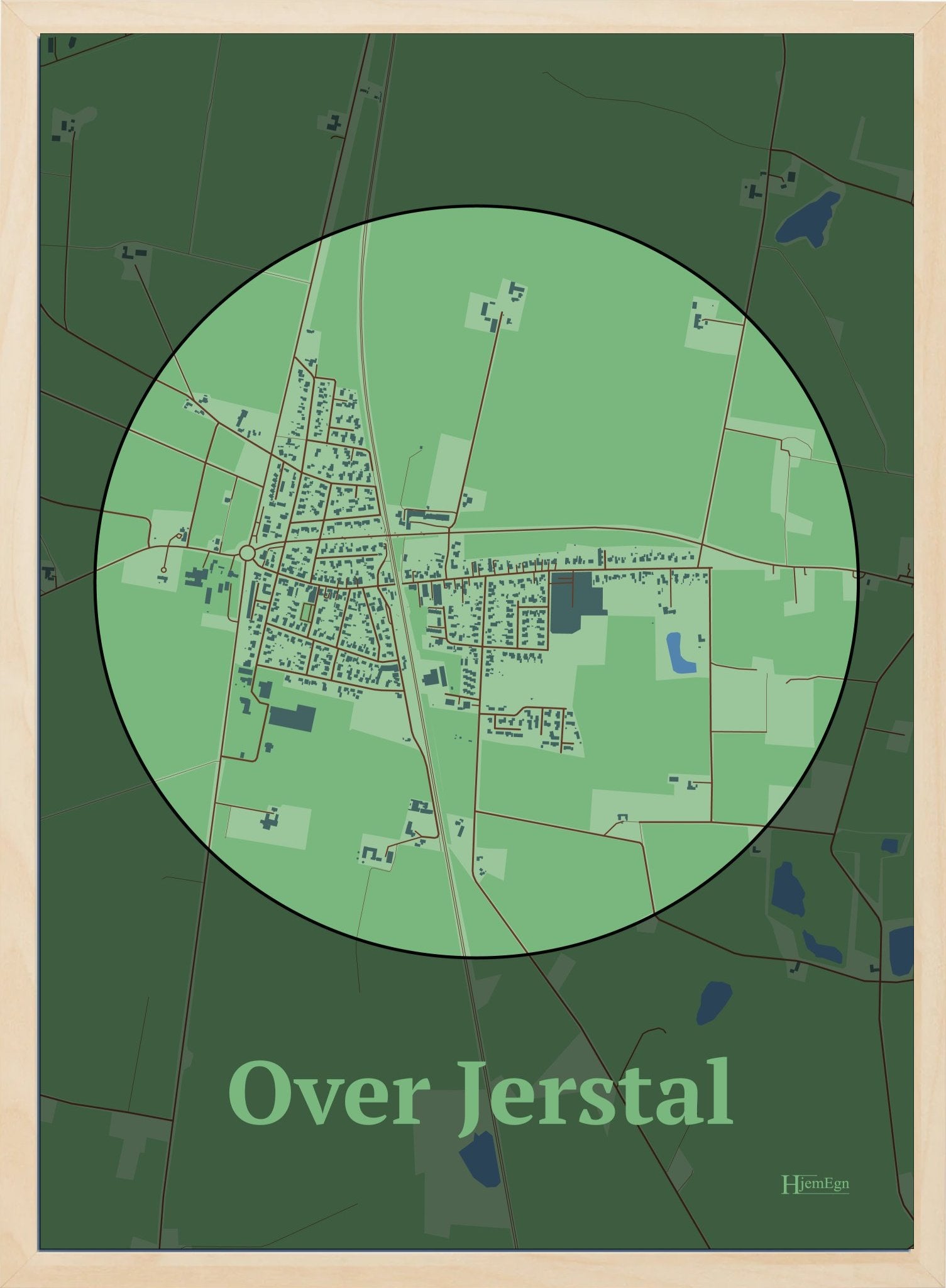 Over Jerstal plakat i farve pastel grøn og HjemEgn.dk design centrum. Design bykort for Over Jerstal
