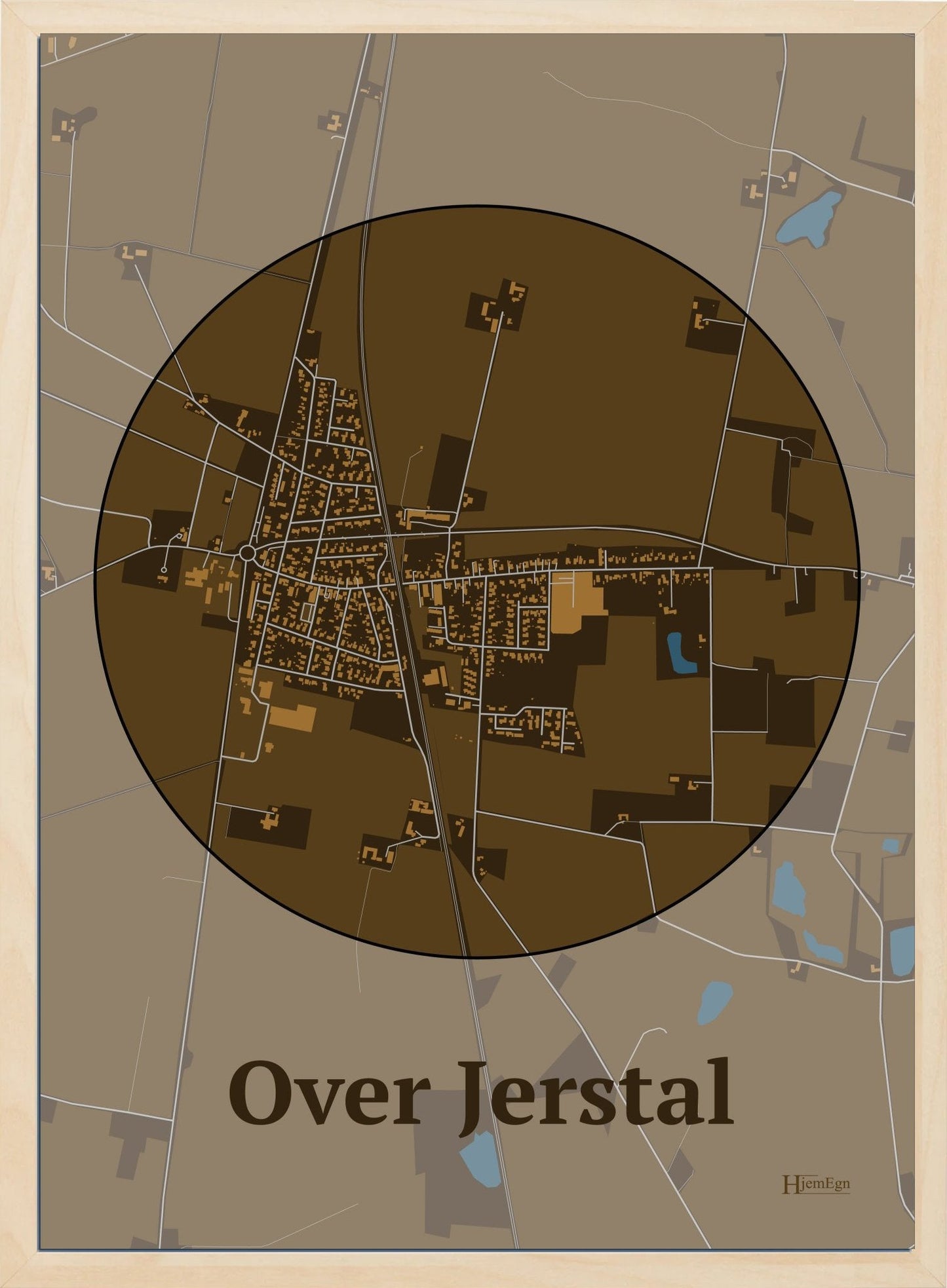 Over Jerstal plakat i farve mørk brun og HjemEgn.dk design centrum. Design bykort for Over Jerstal