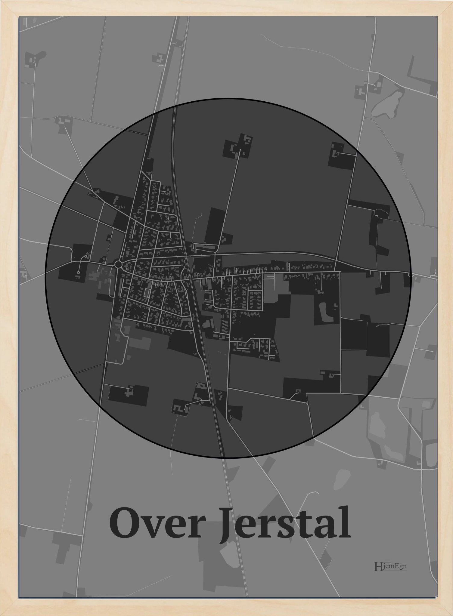 Over Jerstal plakat i farve mørk grå og HjemEgn.dk design centrum. Design bykort for Over Jerstal