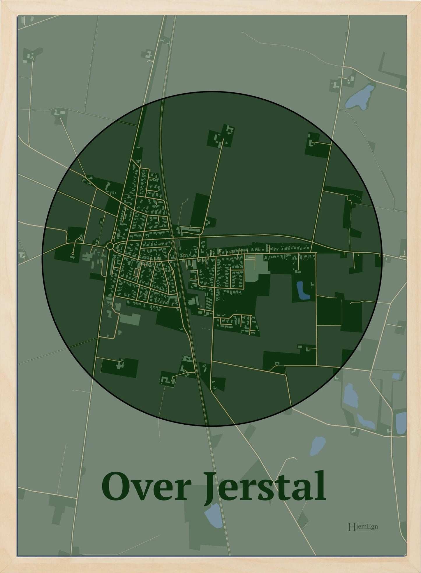 Over Jerstal plakat i farve mørk grøn og HjemEgn.dk design centrum. Design bykort for Over Jerstal