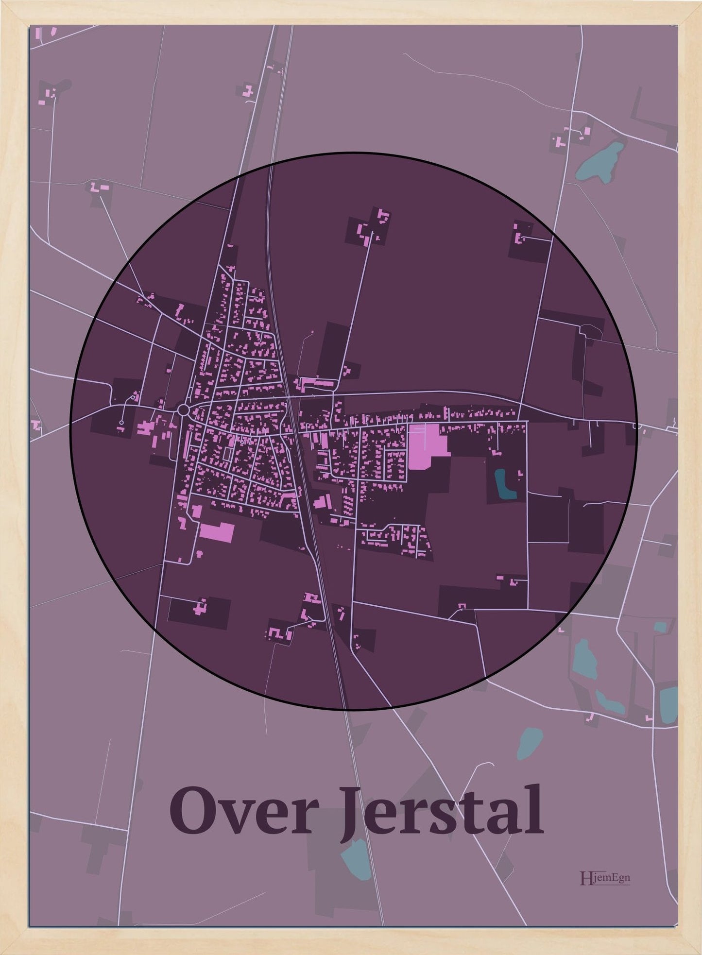 Over Jerstal plakat i farve mørk rød og HjemEgn.dk design centrum. Design bykort for Over Jerstal