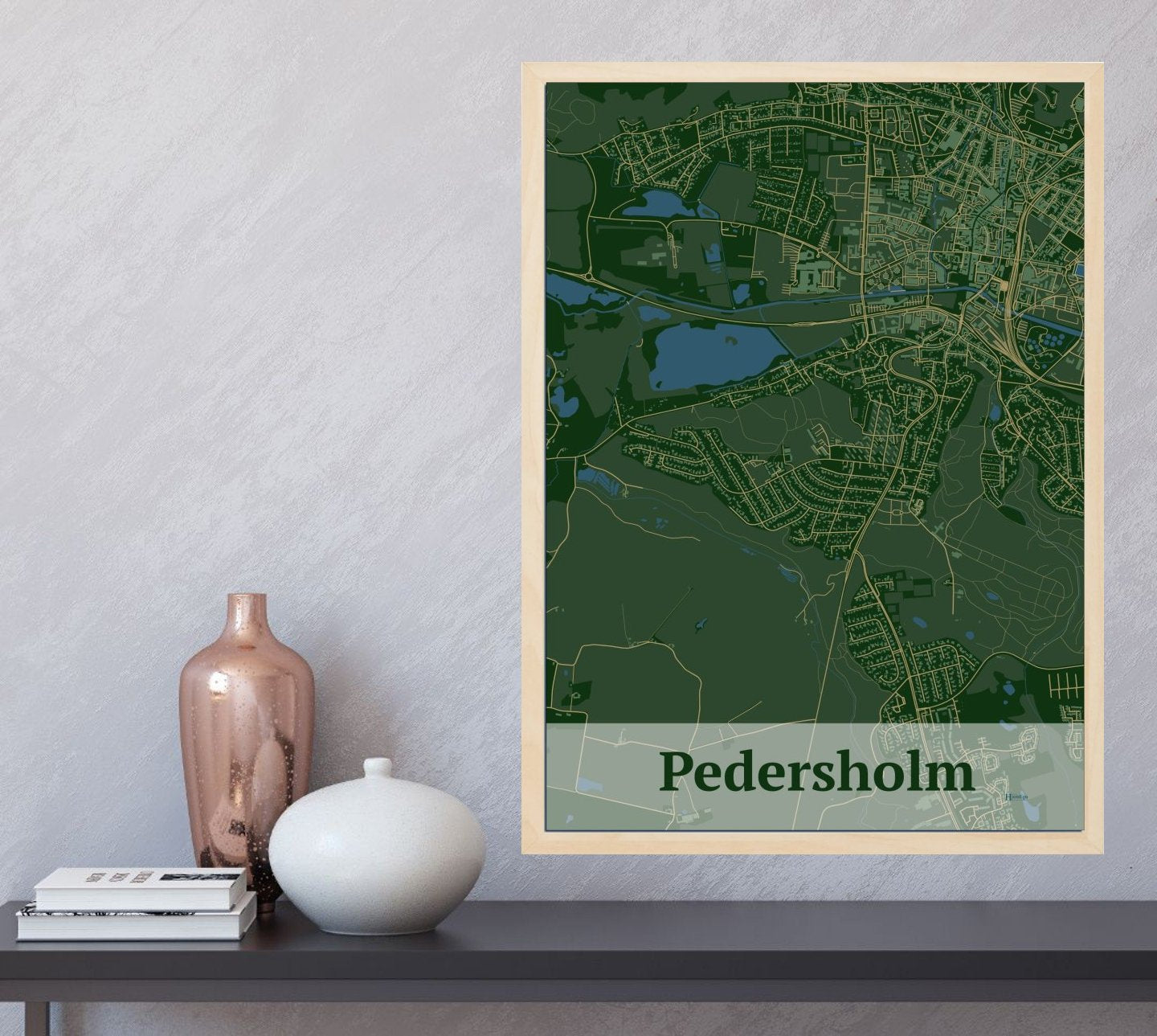 Pedersholm plakat i farve  og HjemEgn.dk design firkantet. Design bykort for Pedersholm