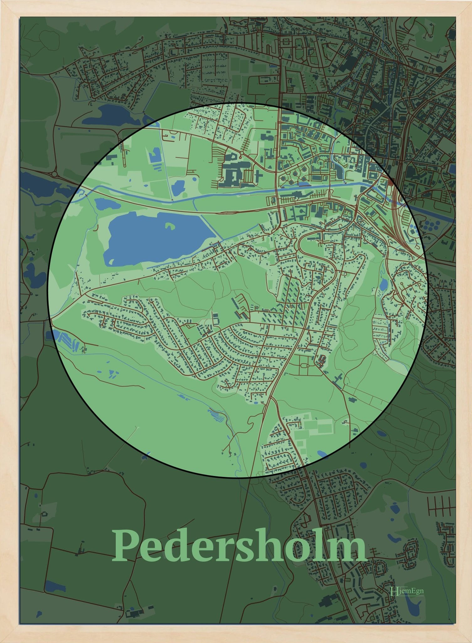 Pedersholm plakat i farve pastel grøn og HjemEgn.dk design centrum. Design bykort for Pedersholm
