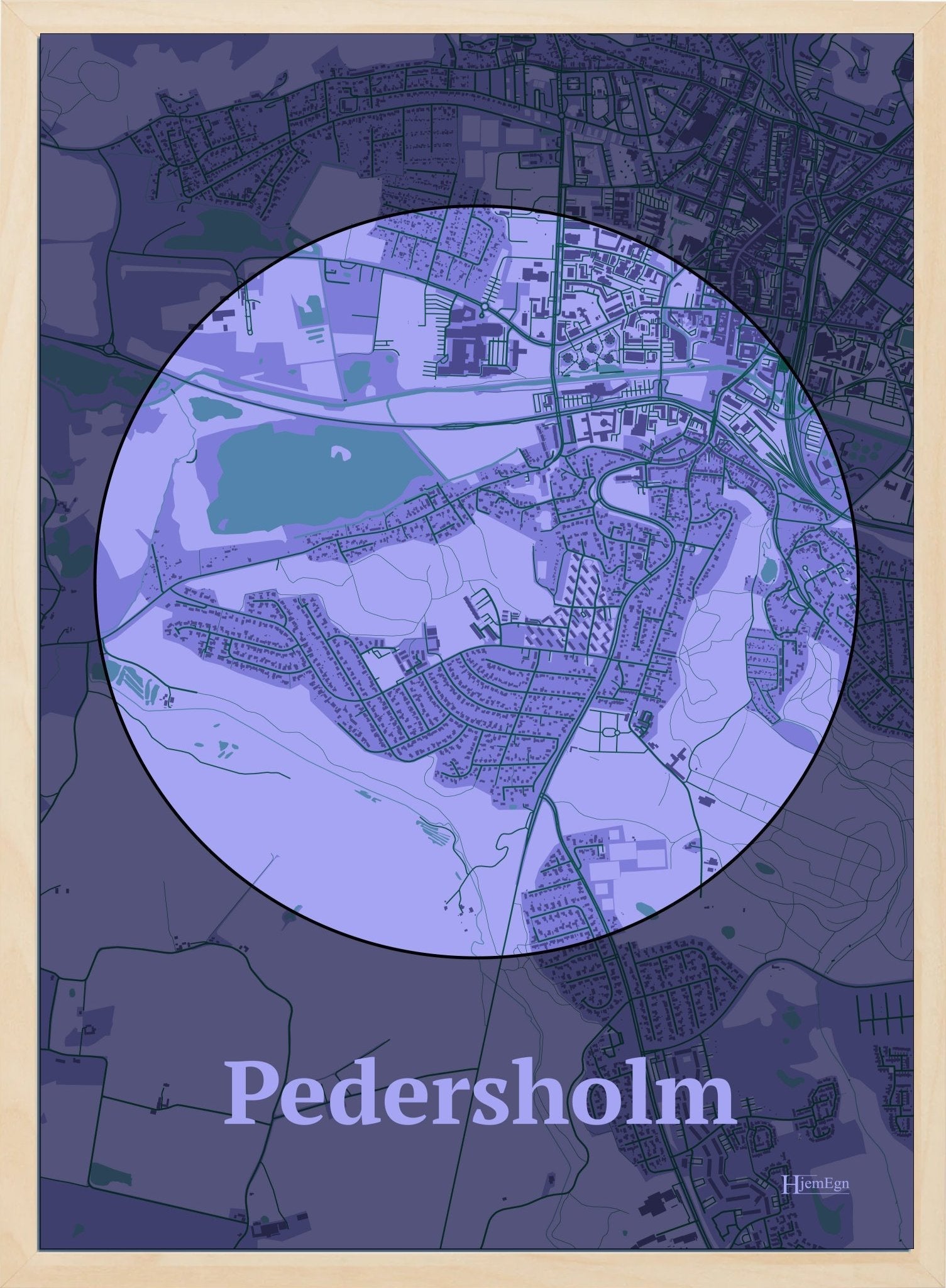 Pedersholm plakat i farve pastel lilla og HjemEgn.dk design centrum. Design bykort for Pedersholm