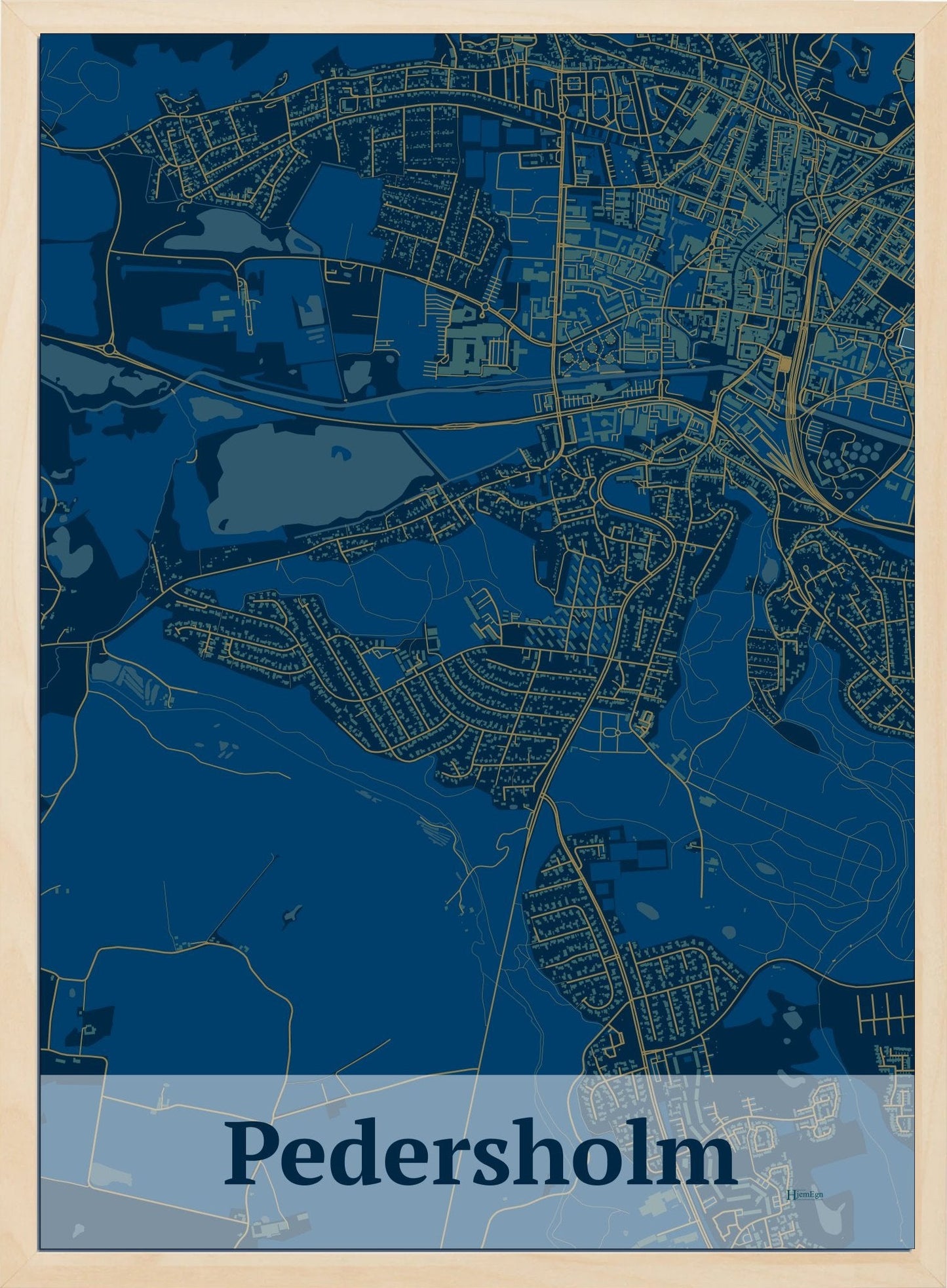 Pedersholm plakat i farve mørk blå og HjemEgn.dk design firkantet. Design bykort for Pedersholm