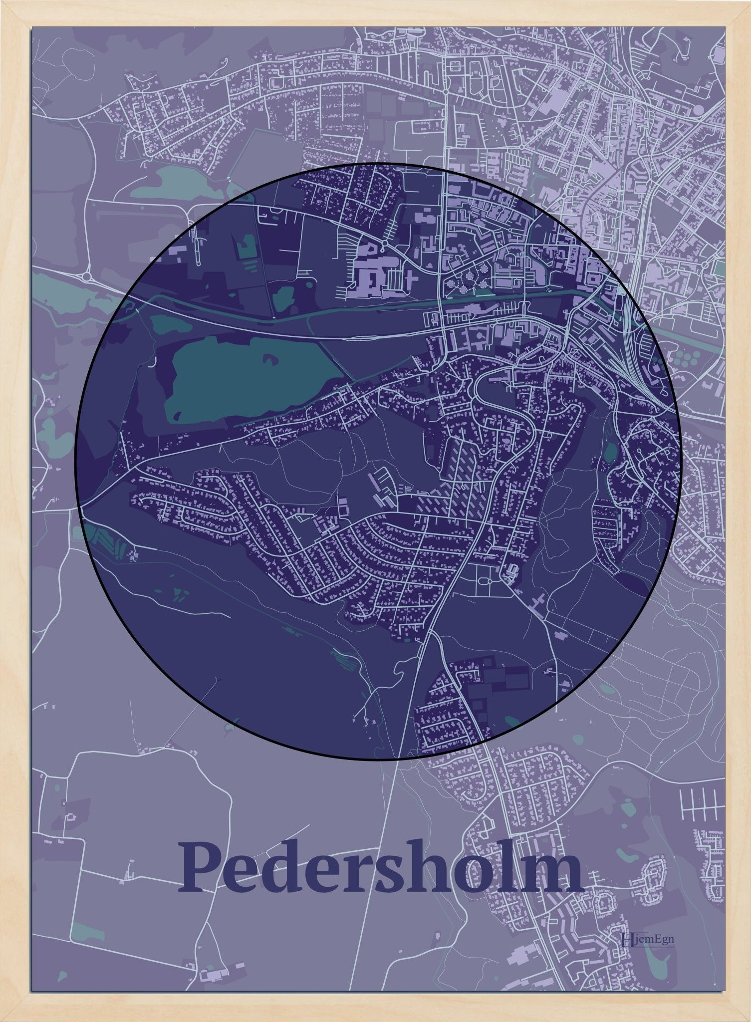 Pedersholm plakat i farve mørk lilla og HjemEgn.dk design centrum. Design bykort for Pedersholm