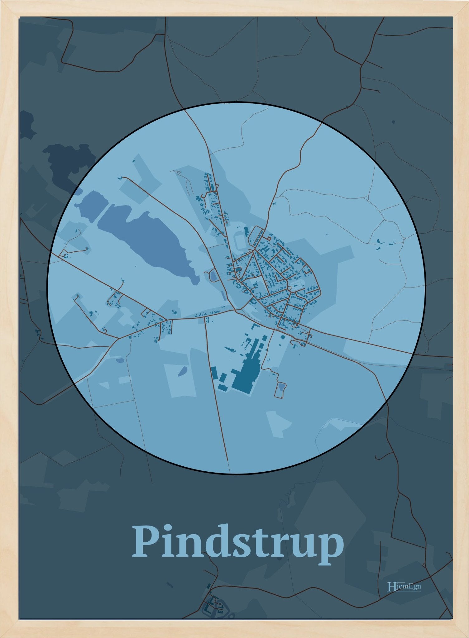 Pindstrup plakat i farve pastel blå og HjemEgn.dk design centrum. Design bykort for Pindstrup