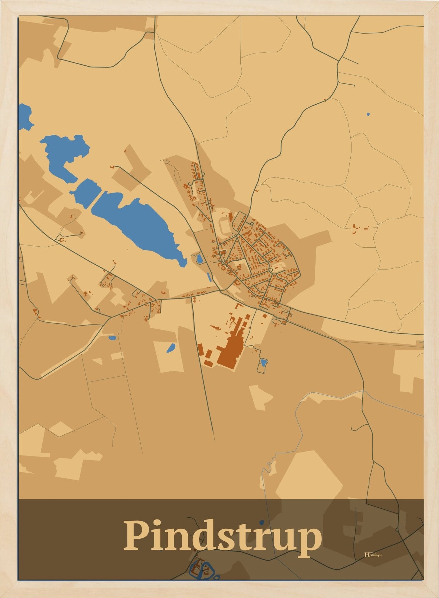 Pindstrup plakat i farve pastel brun og HjemEgn.dk design firkantet. Design bykort for Pindstrup