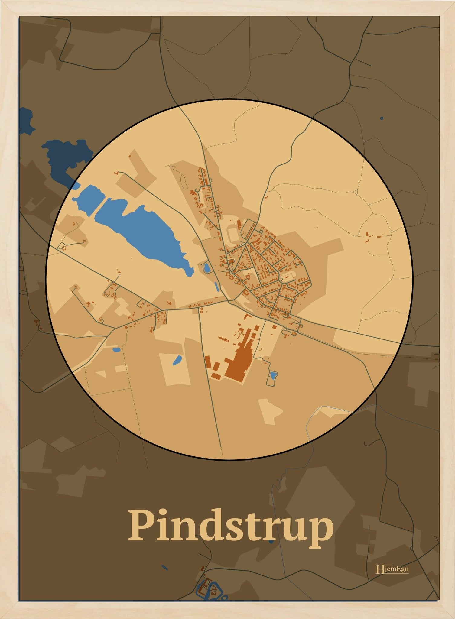 Pindstrup plakat i farve pastel brun og HjemEgn.dk design centrum. Design bykort for Pindstrup