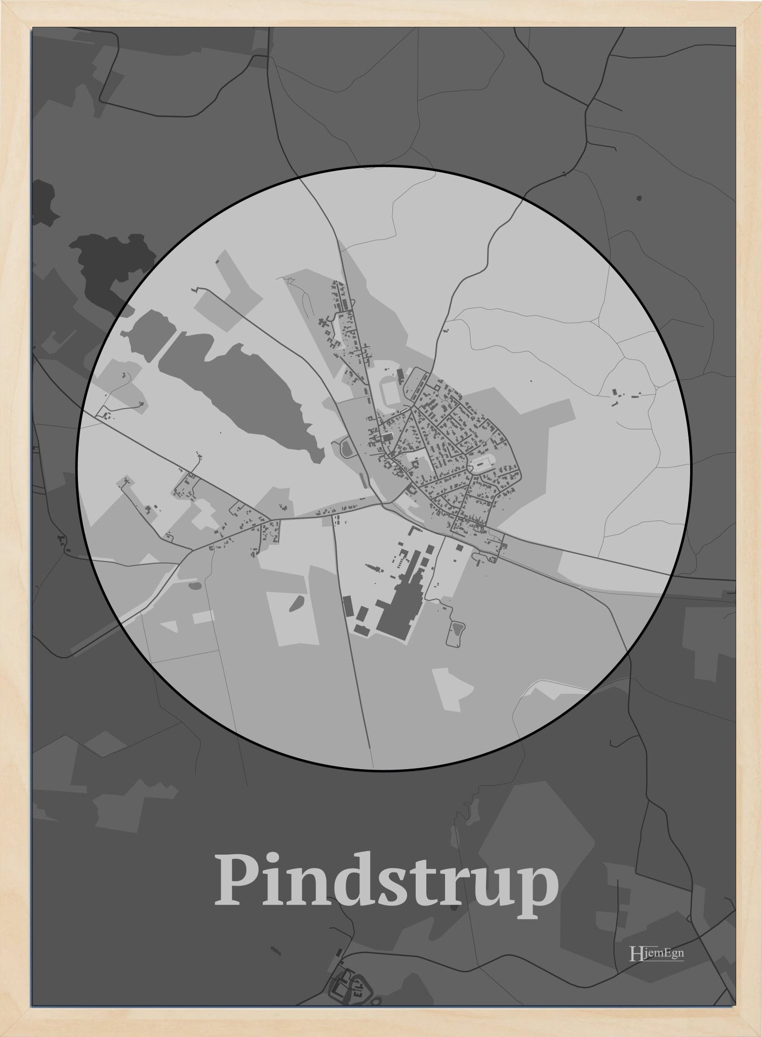 Pindstrup plakat i farve pastel grå og HjemEgn.dk design centrum. Design bykort for Pindstrup