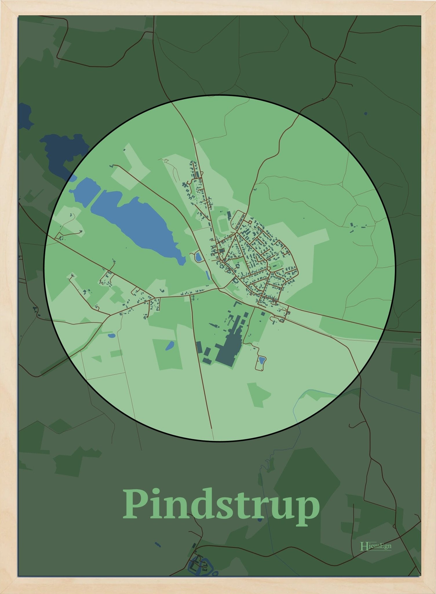 Pindstrup plakat i farve pastel grøn og HjemEgn.dk design centrum. Design bykort for Pindstrup