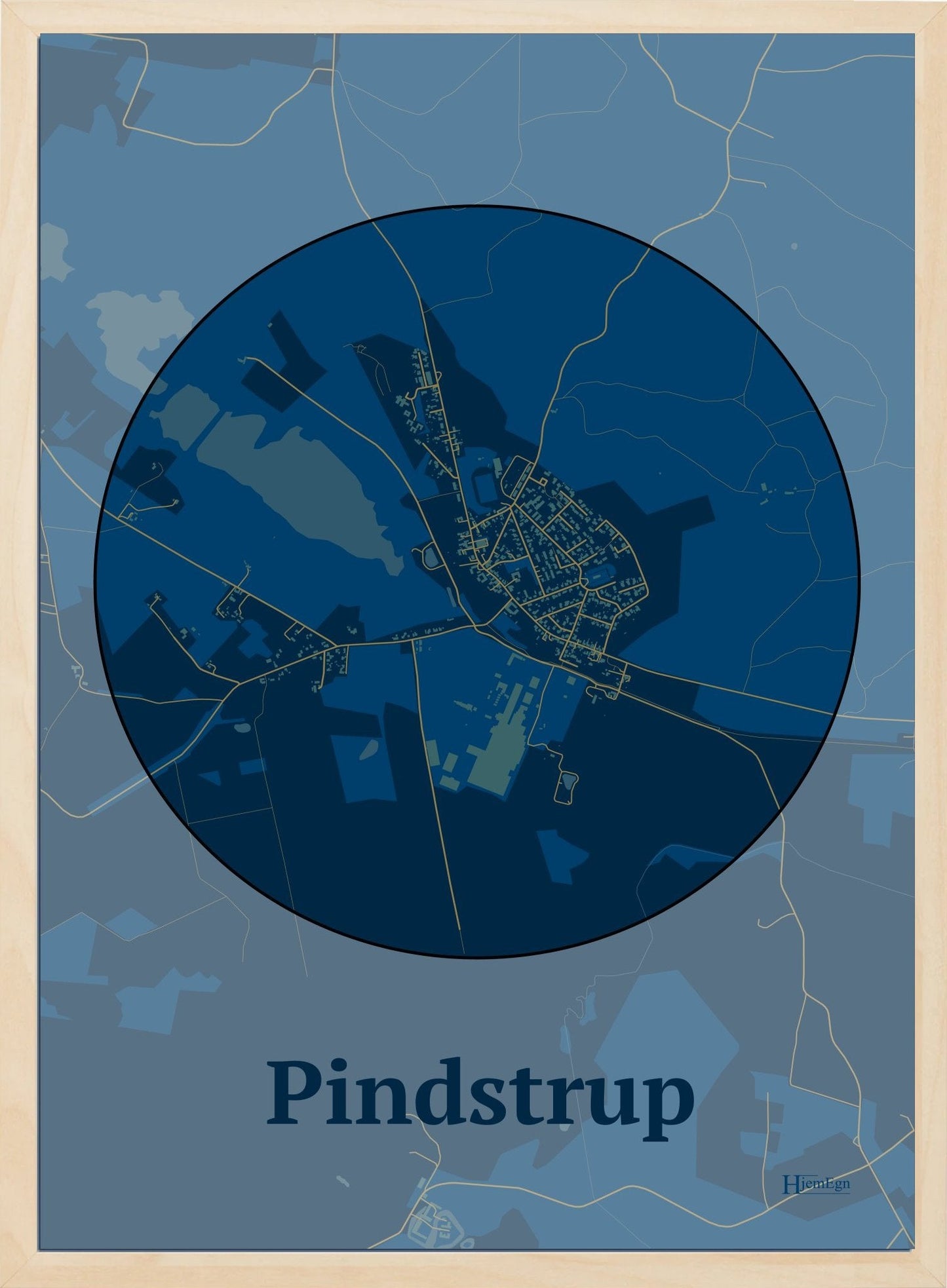 Pindstrup plakat i farve mørk blå og HjemEgn.dk design centrum. Design bykort for Pindstrup