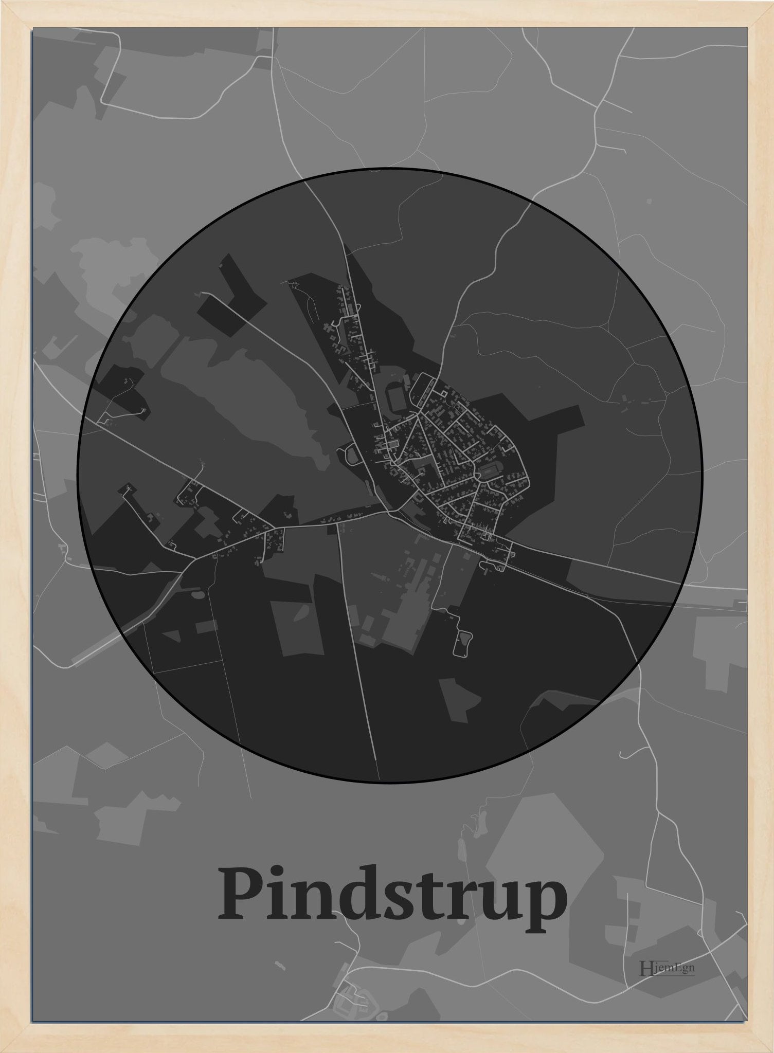 Pindstrup plakat i farve mørk grå og HjemEgn.dk design centrum. Design bykort for Pindstrup
