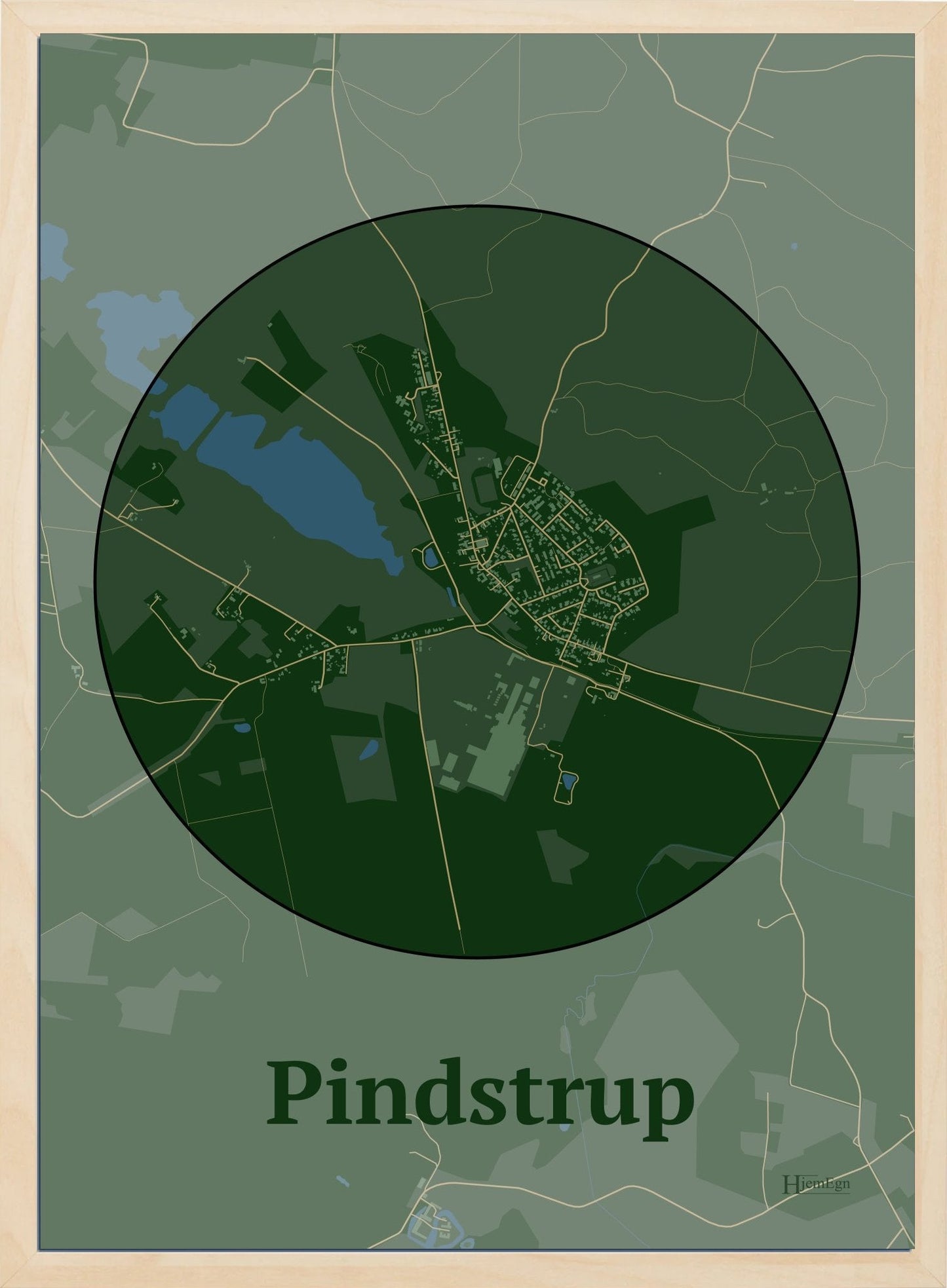 Pindstrup plakat i farve mørk grøn og HjemEgn.dk design centrum. Design bykort for Pindstrup