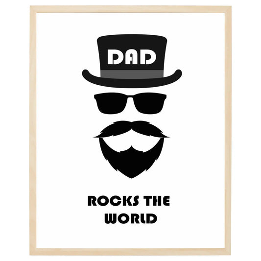 Far plakat Dad Rocks the World tekst med billede af et ansigt på en sej far i sort og hvid