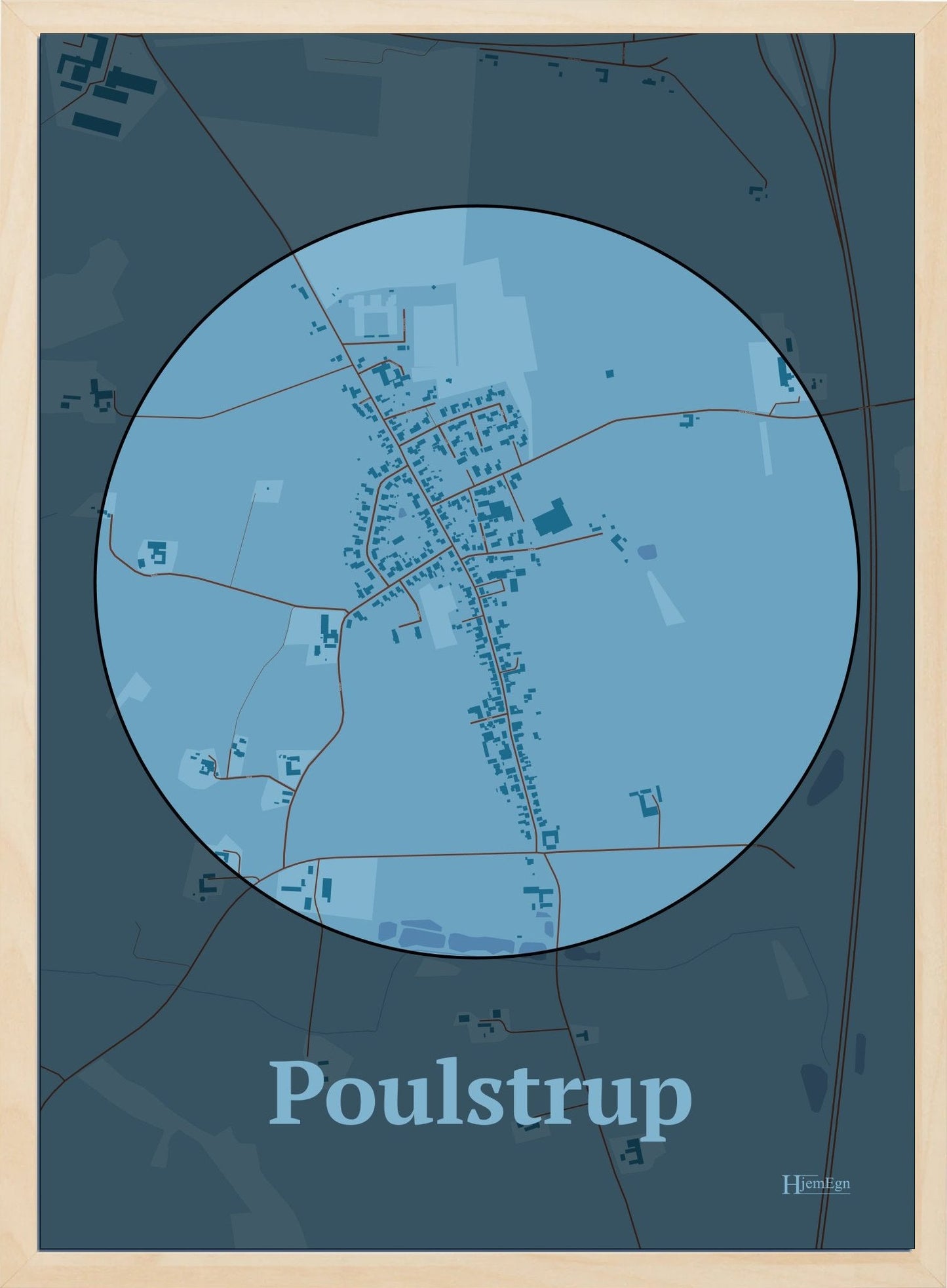 Poulstrup plakat i farve pastel blå og HjemEgn.dk design centrum. Design bykort for Poulstrup