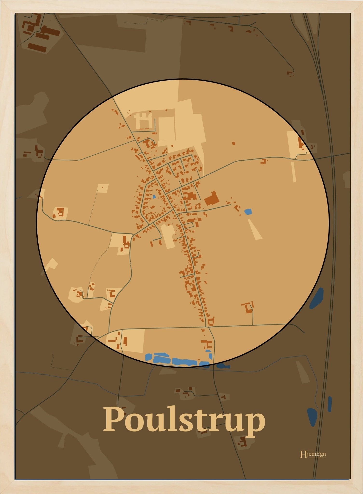 Poulstrup plakat i farve pastel brun og HjemEgn.dk design centrum. Design bykort for Poulstrup