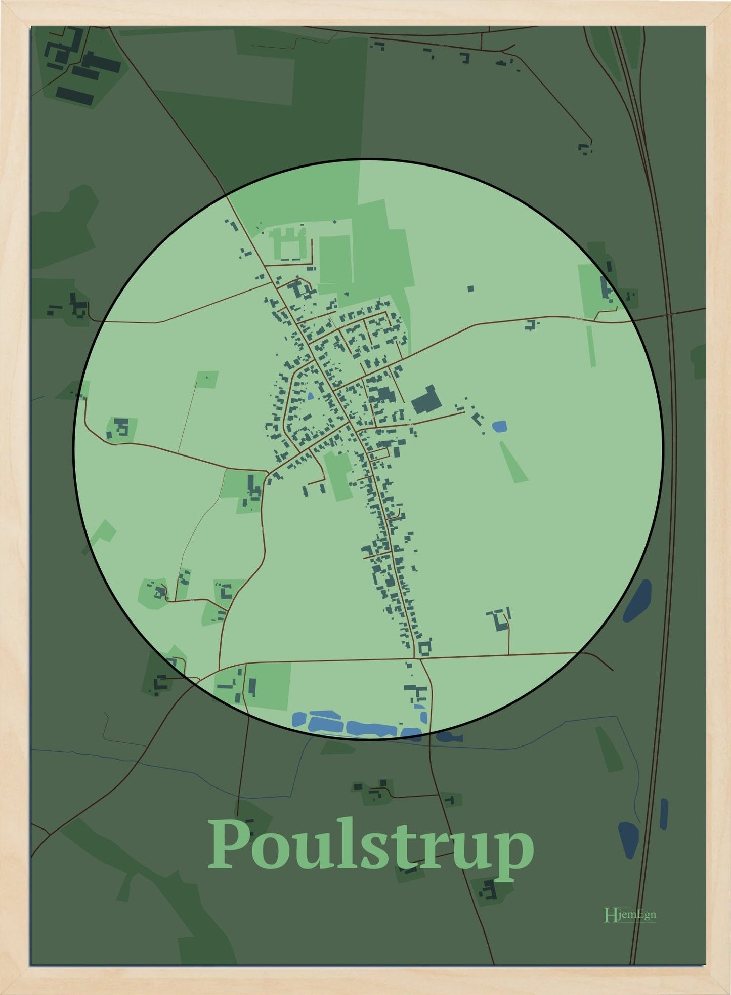 Poulstrup plakat i farve pastel grøn og HjemEgn.dk design centrum. Design bykort for Poulstrup