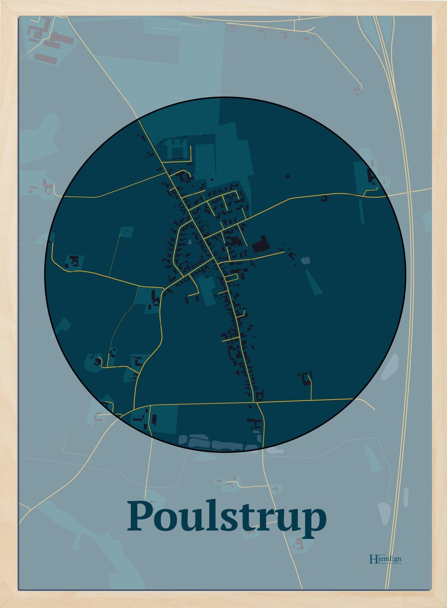 Poulstrup plakat i farve mørk blå og HjemEgn.dk design centrum. Design bykort for Poulstrup
