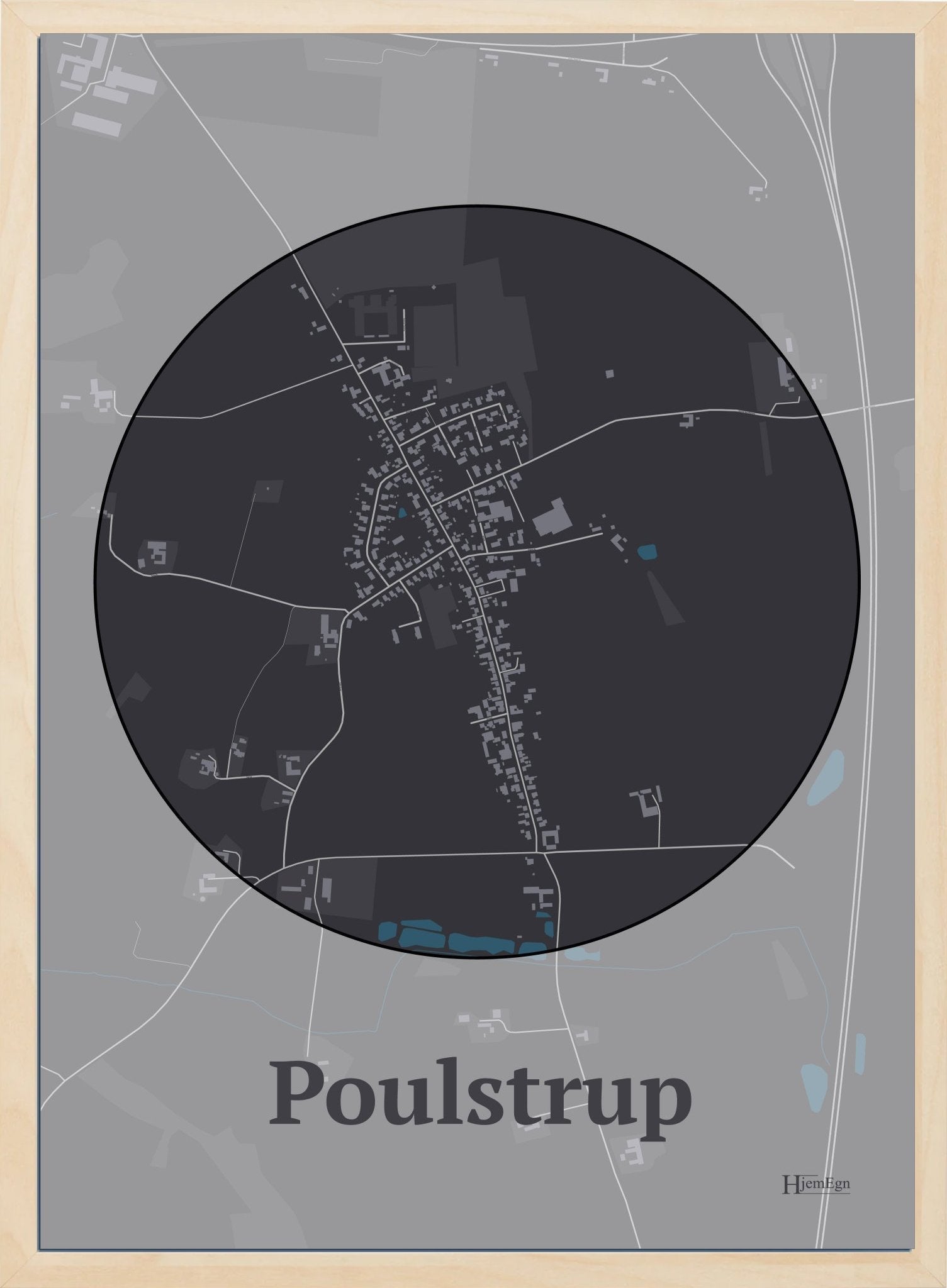 Poulstrup plakat i farve mørk brun og HjemEgn.dk design centrum. Design bykort for Poulstrup