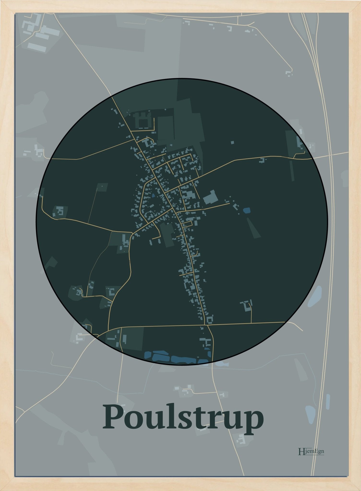 Poulstrup plakat i farve mørk grøn og HjemEgn.dk design centrum. Design bykort for Poulstrup