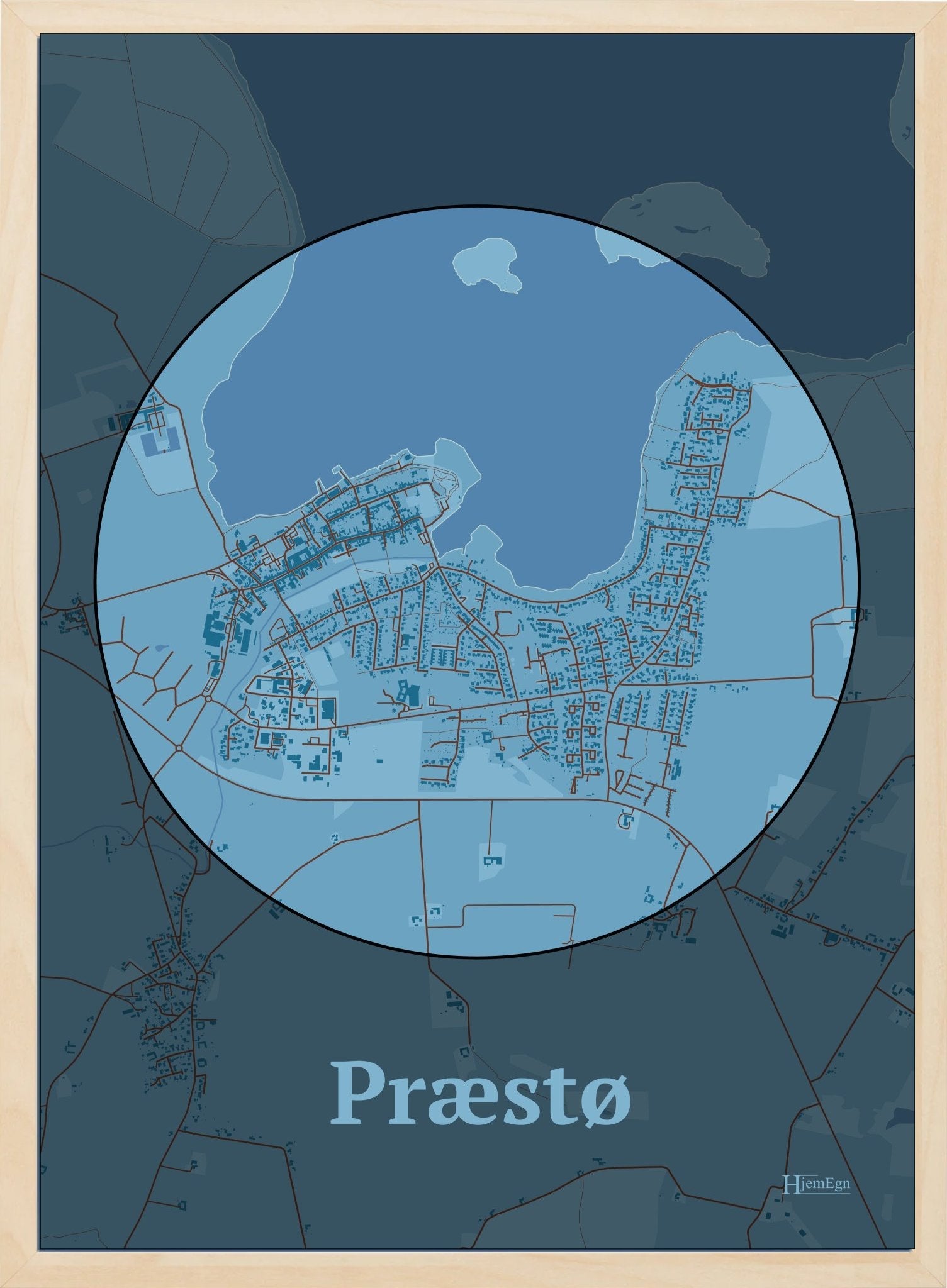 Præstø plakat i farve pastel blå og HjemEgn.dk design centrum. Design bykort for Præstø