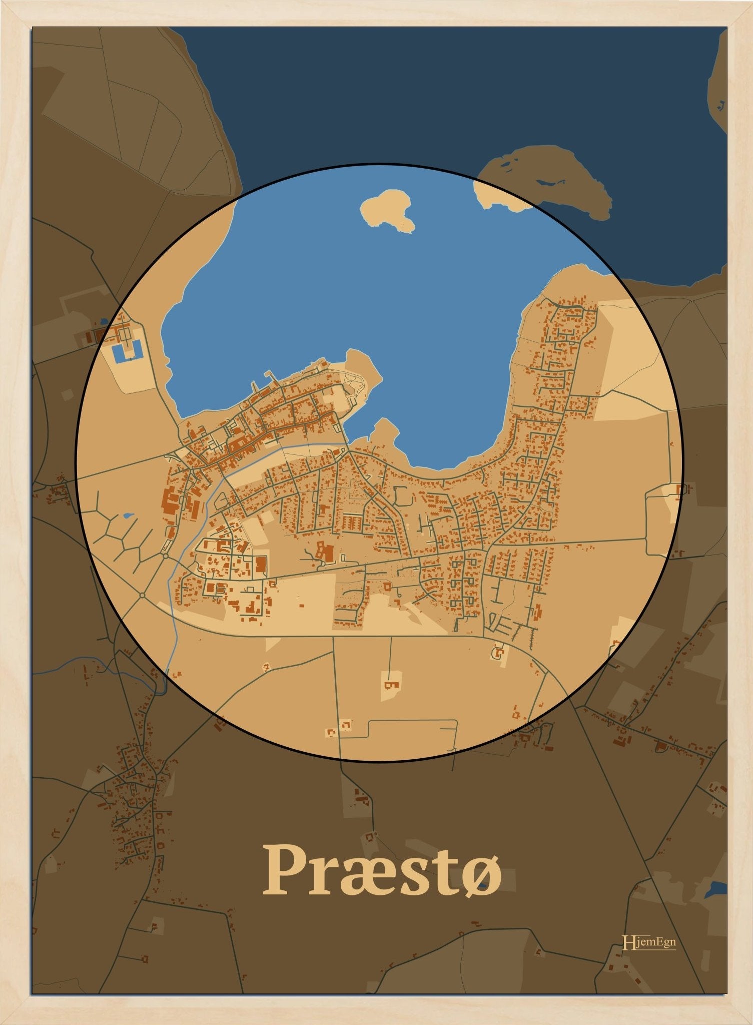 Præstø plakat i farve pastel brun og HjemEgn.dk design centrum. Design bykort for Præstø