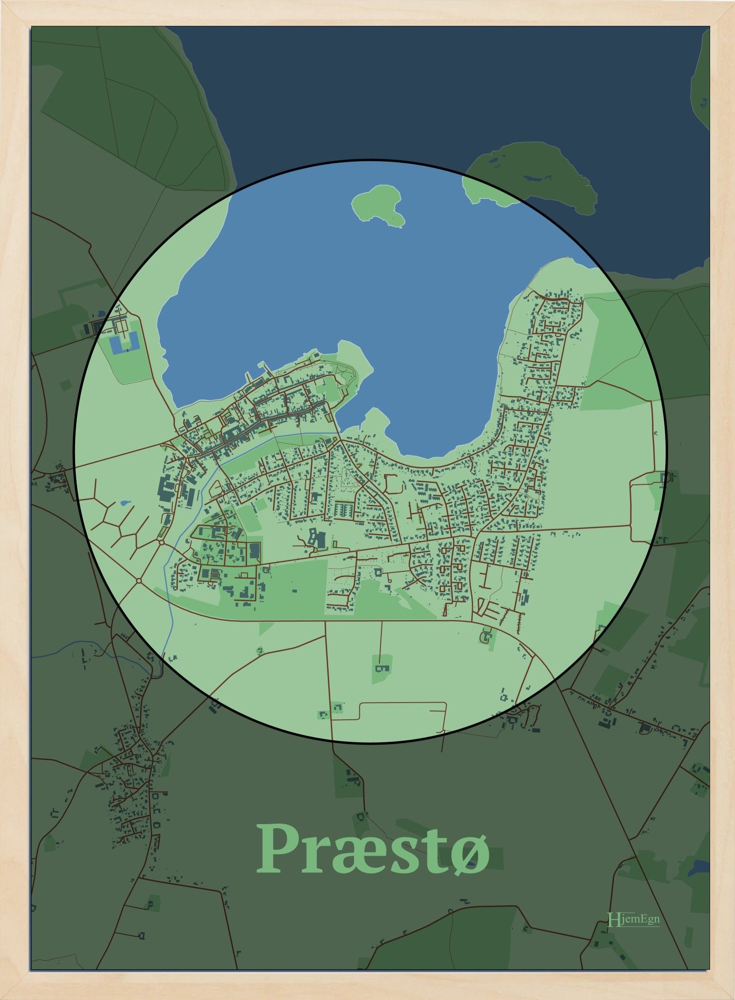 Præstø plakat i farve pastel grøn og HjemEgn.dk design centrum. Design bykort for Præstø