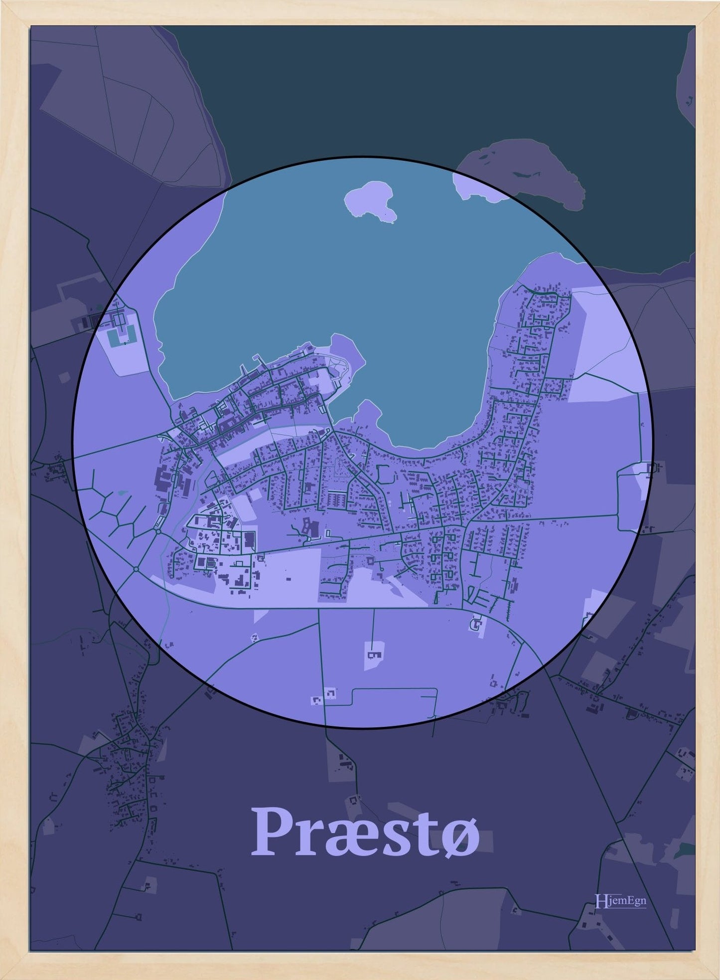 Præstø plakat i farve pastel lilla og HjemEgn.dk design centrum. Design bykort for Præstø