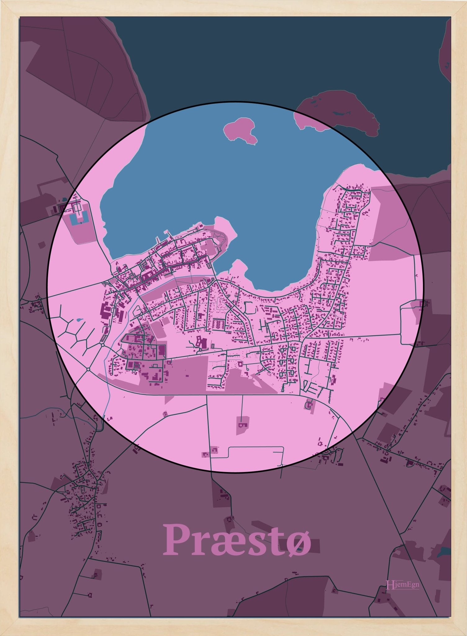 Præstø plakat i farve pastel rød og HjemEgn.dk design centrum. Design bykort for Præstø