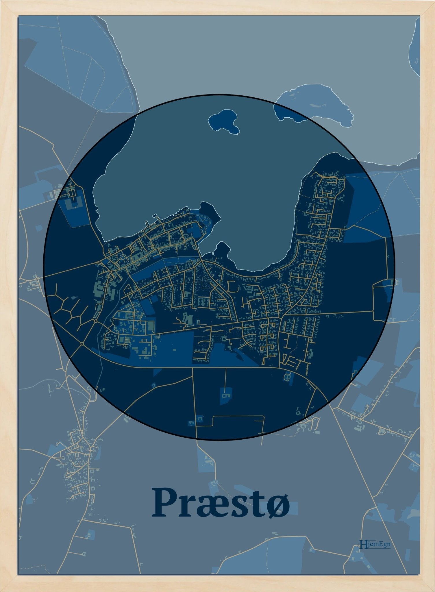 Præstø plakat i farve mørk blå og HjemEgn.dk design centrum. Design bykort for Præstø