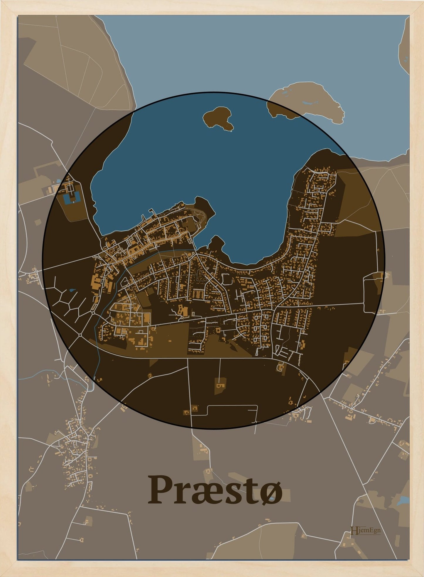 Præstø plakat i farve mørk brun og HjemEgn.dk design centrum. Design bykort for Præstø