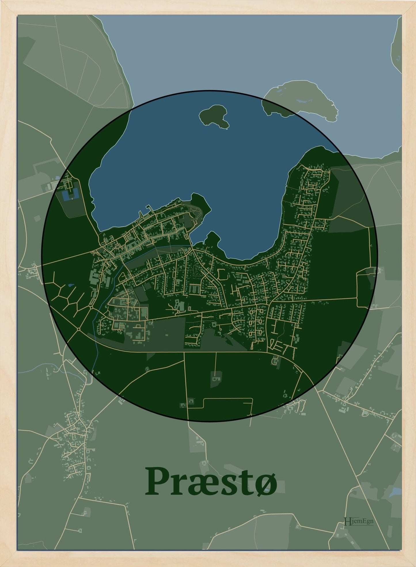 Præstø plakat i farve mørk grøn og HjemEgn.dk design centrum. Design bykort for Præstø
