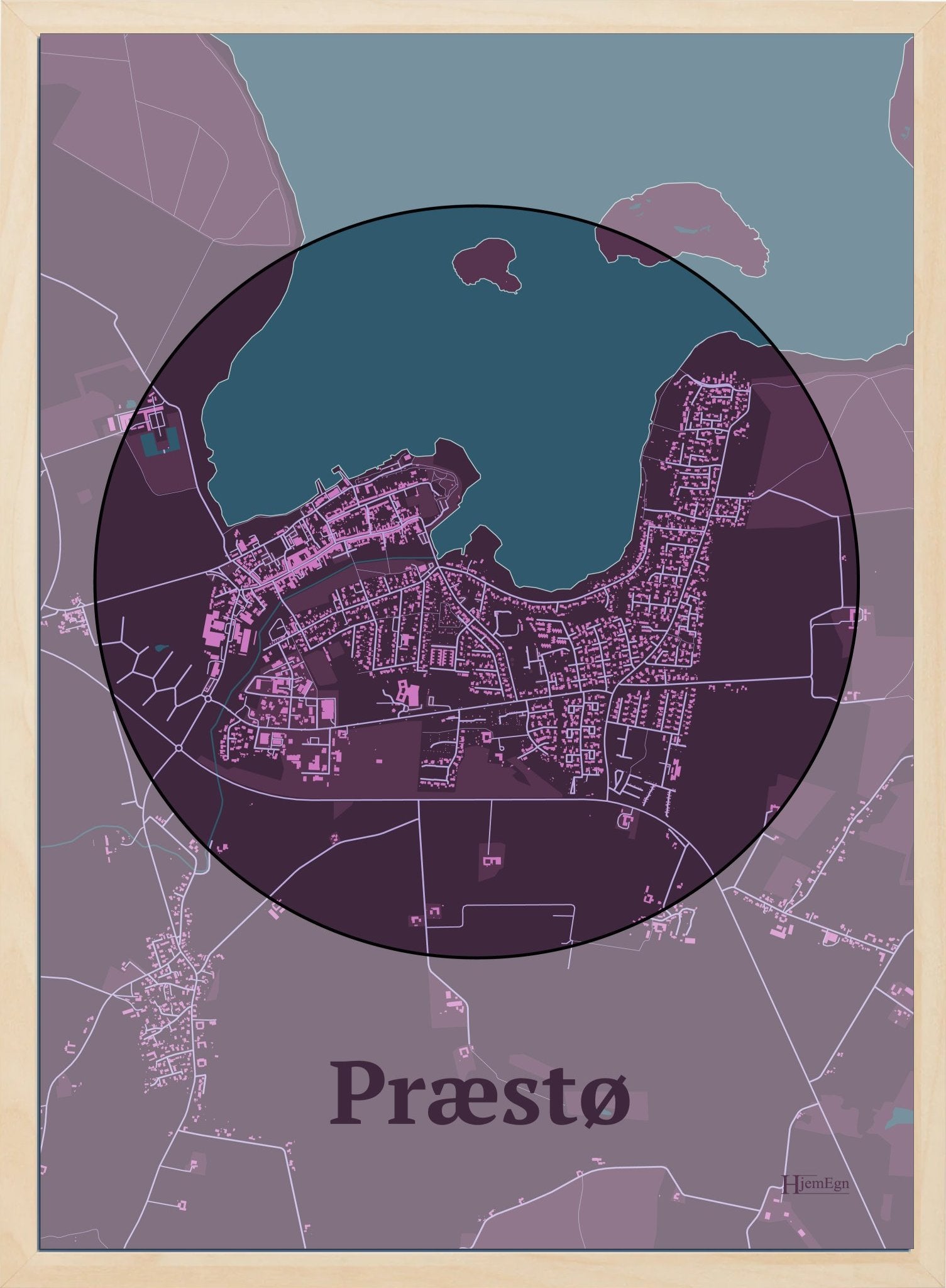 Præstø plakat i farve mørk rød og HjemEgn.dk design centrum. Design bykort for Præstø