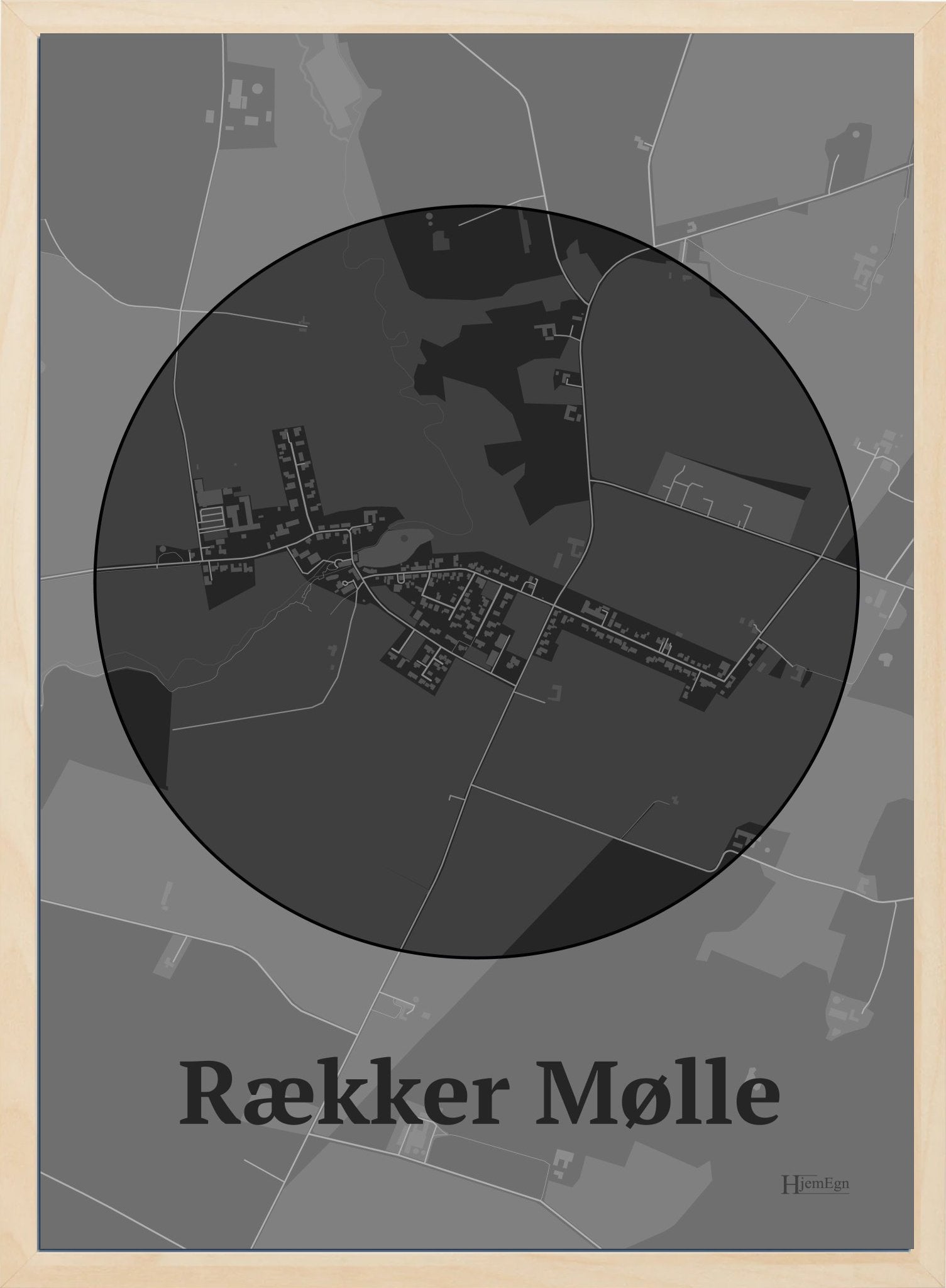 Rækker Mølle plakat i farve mørk grå og HjemEgn.dk design centrum. Design bykort for Rækker Mølle