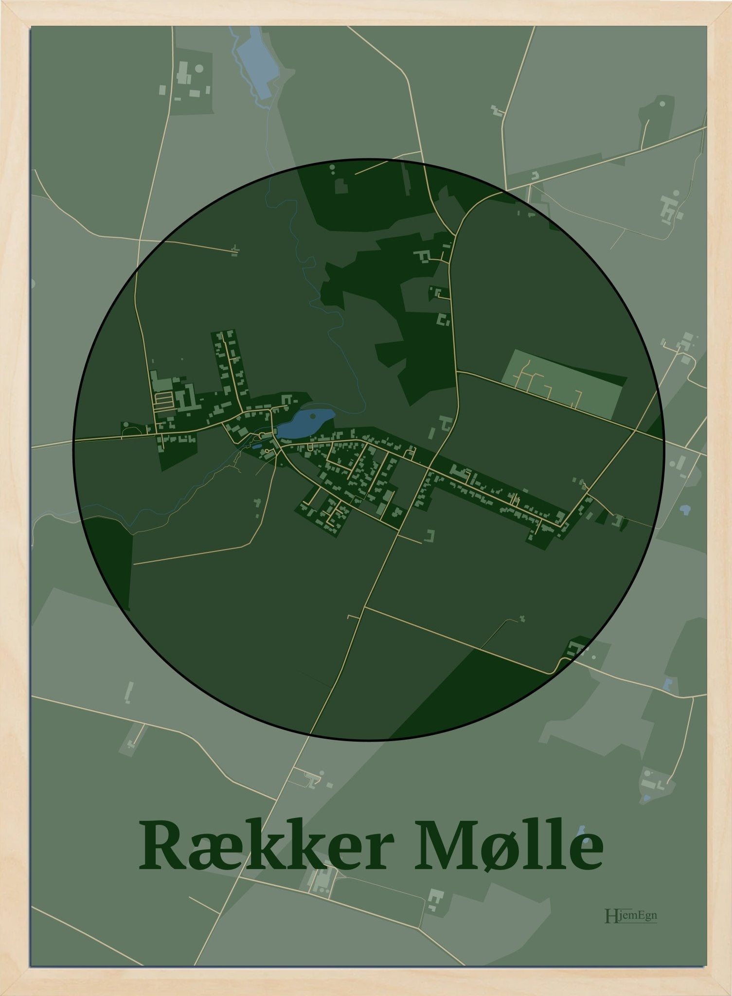 Rækker Mølle plakat i farve mørk grøn og HjemEgn.dk design centrum. Design bykort for Rækker Mølle