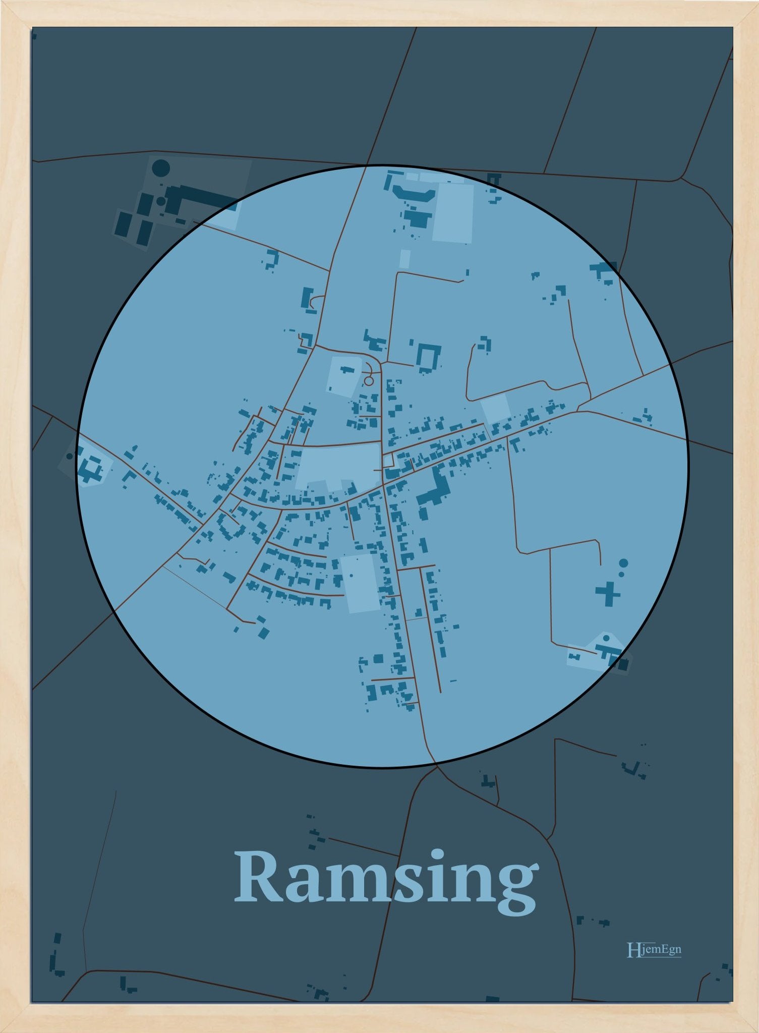 Ramsing plakat i farve pastel blå og HjemEgn.dk design centrum. Design bykort for Ramsing