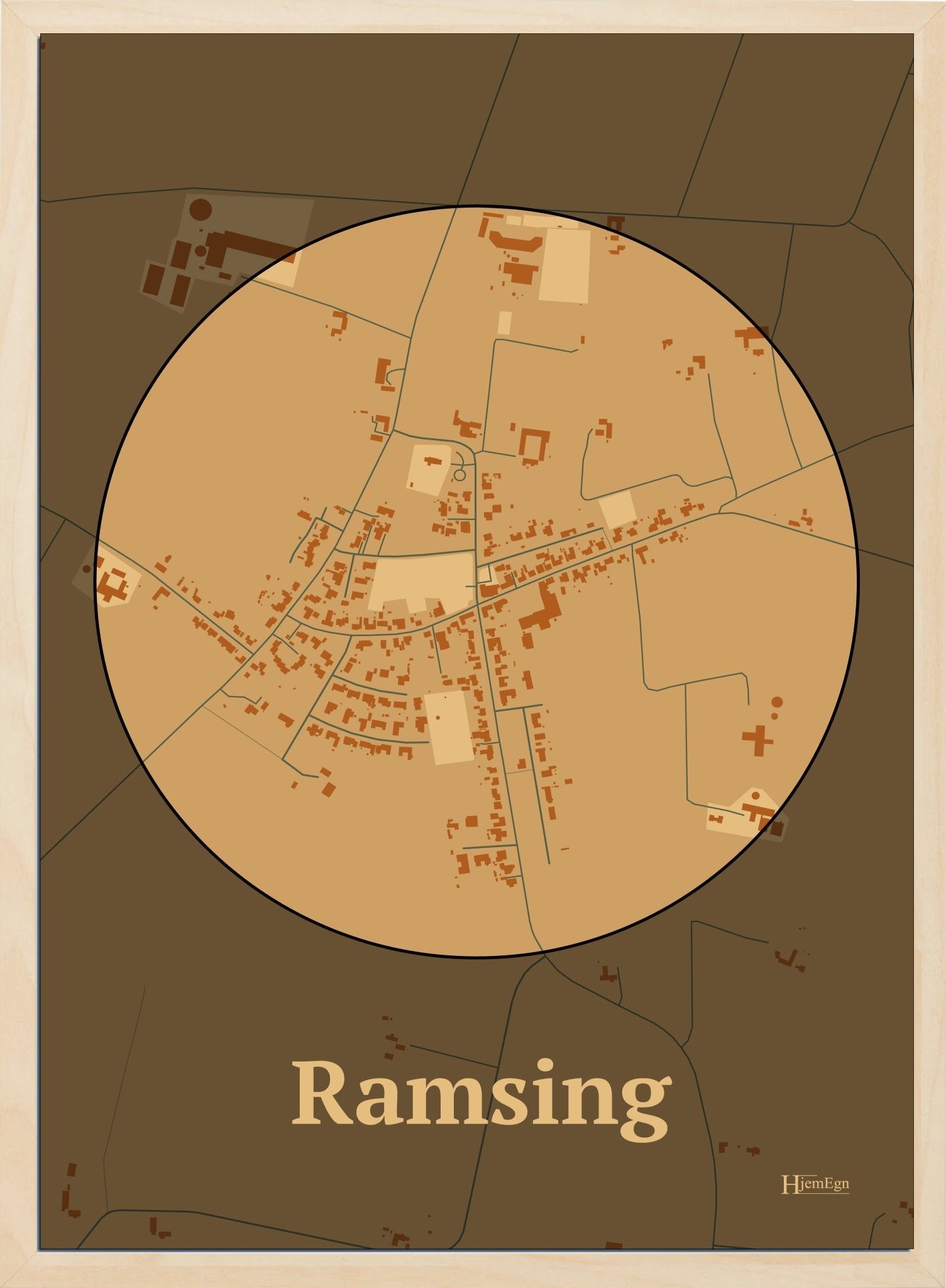 Ramsing plakat i farve pastel brun og HjemEgn.dk design centrum. Design bykort for Ramsing