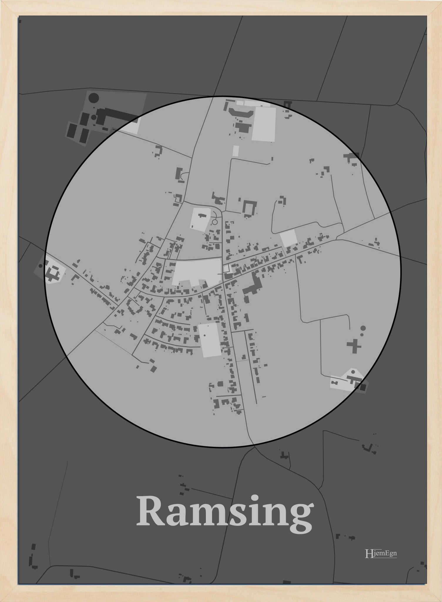 Ramsing plakat i farve pastel grå og HjemEgn.dk design centrum. Design bykort for Ramsing