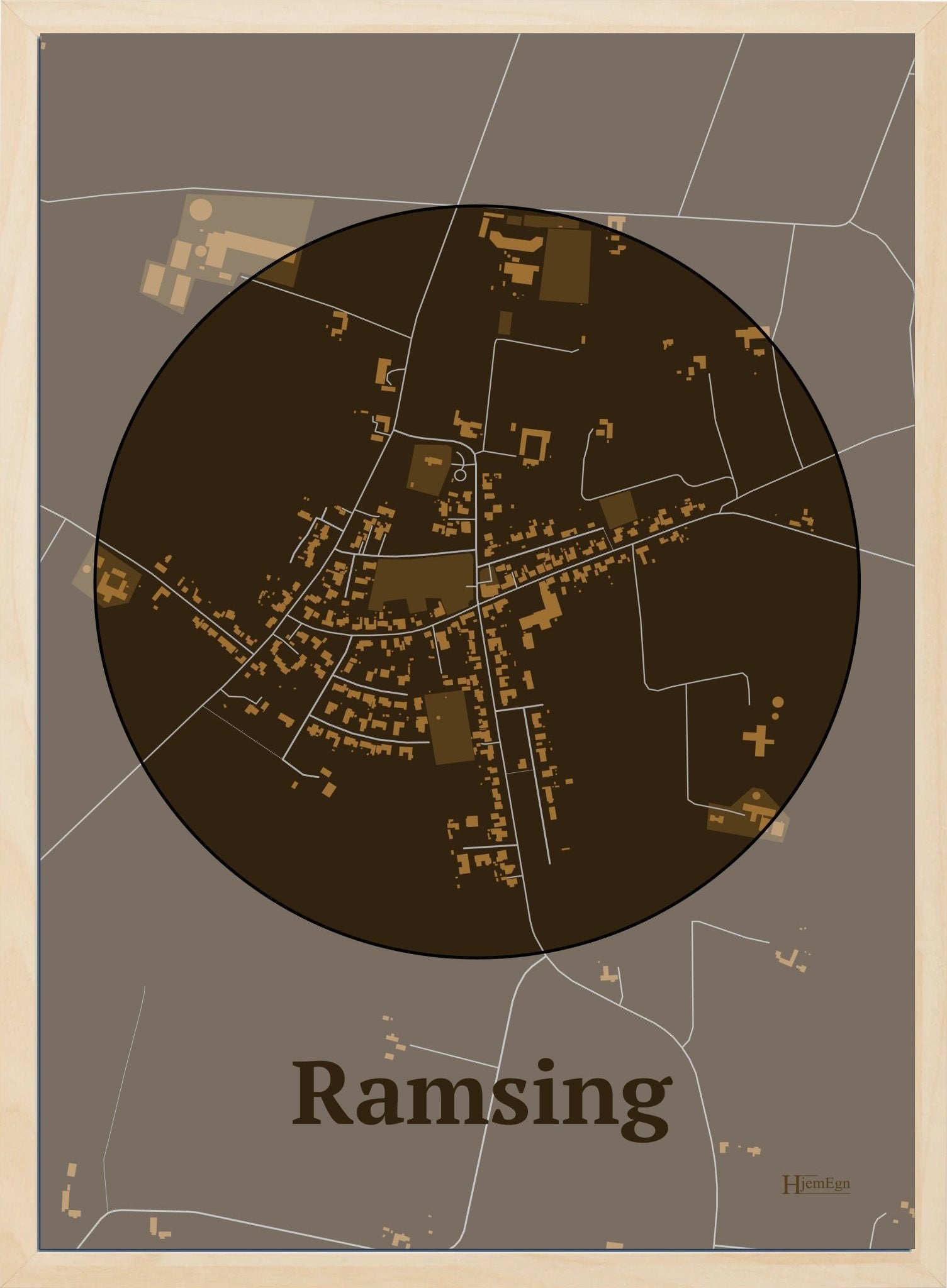 Ramsing plakat i farve mørk brun og HjemEgn.dk design centrum. Design bykort for Ramsing