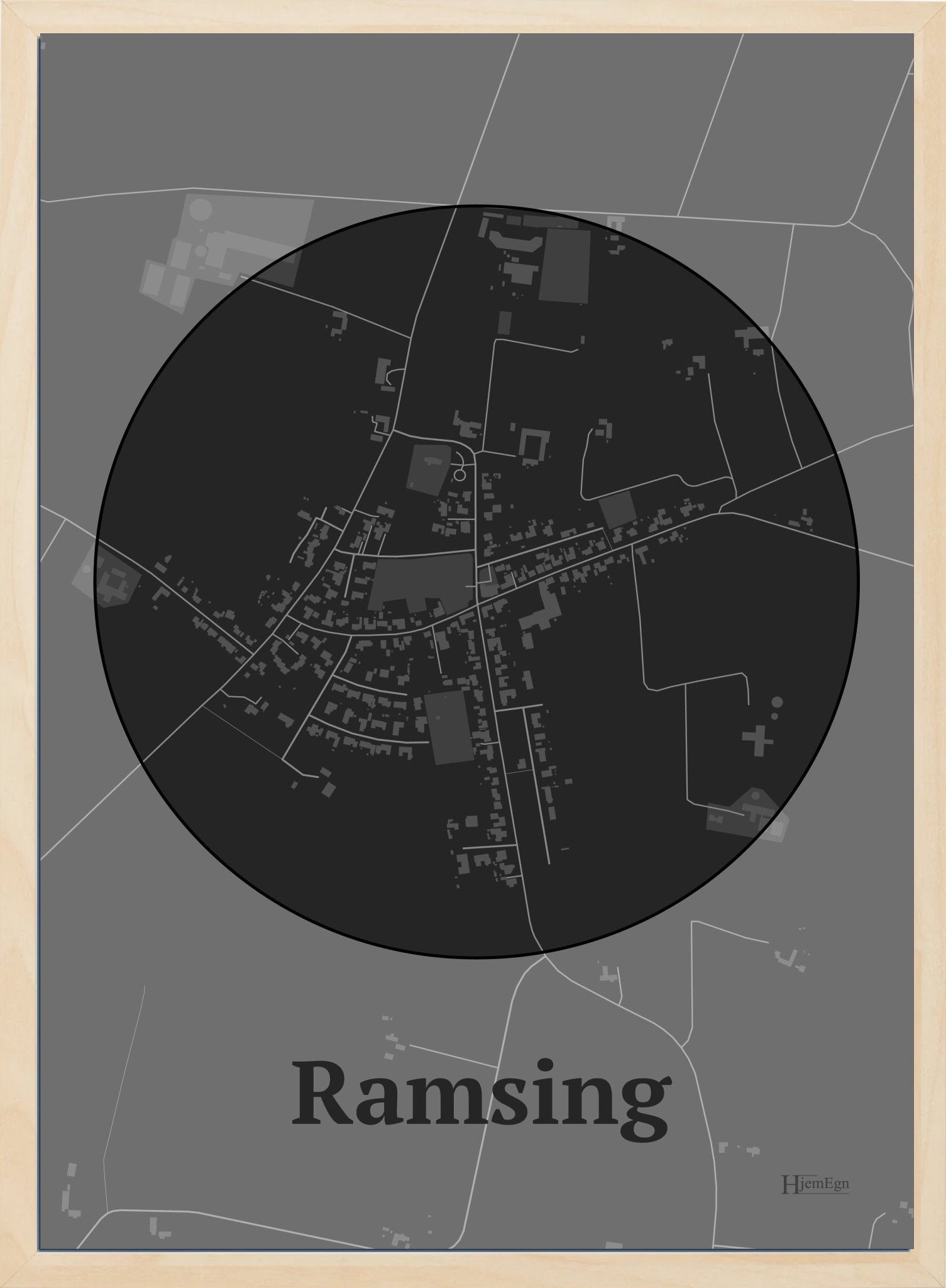 Ramsing plakat i farve mørk grå og HjemEgn.dk design centrum. Design bykort for Ramsing