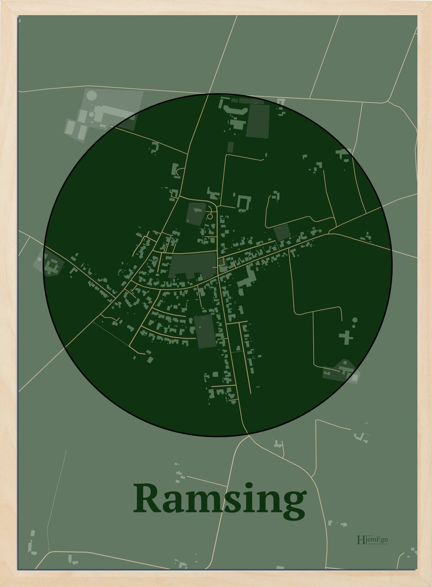 Ramsing plakat i farve mørk grøn og HjemEgn.dk design centrum. Design bykort for Ramsing