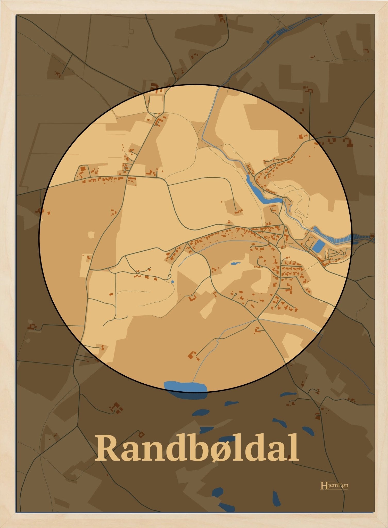 Randbøldal plakat i farve pastel brun og HjemEgn.dk design centrum. Design bykort for Randbøldal