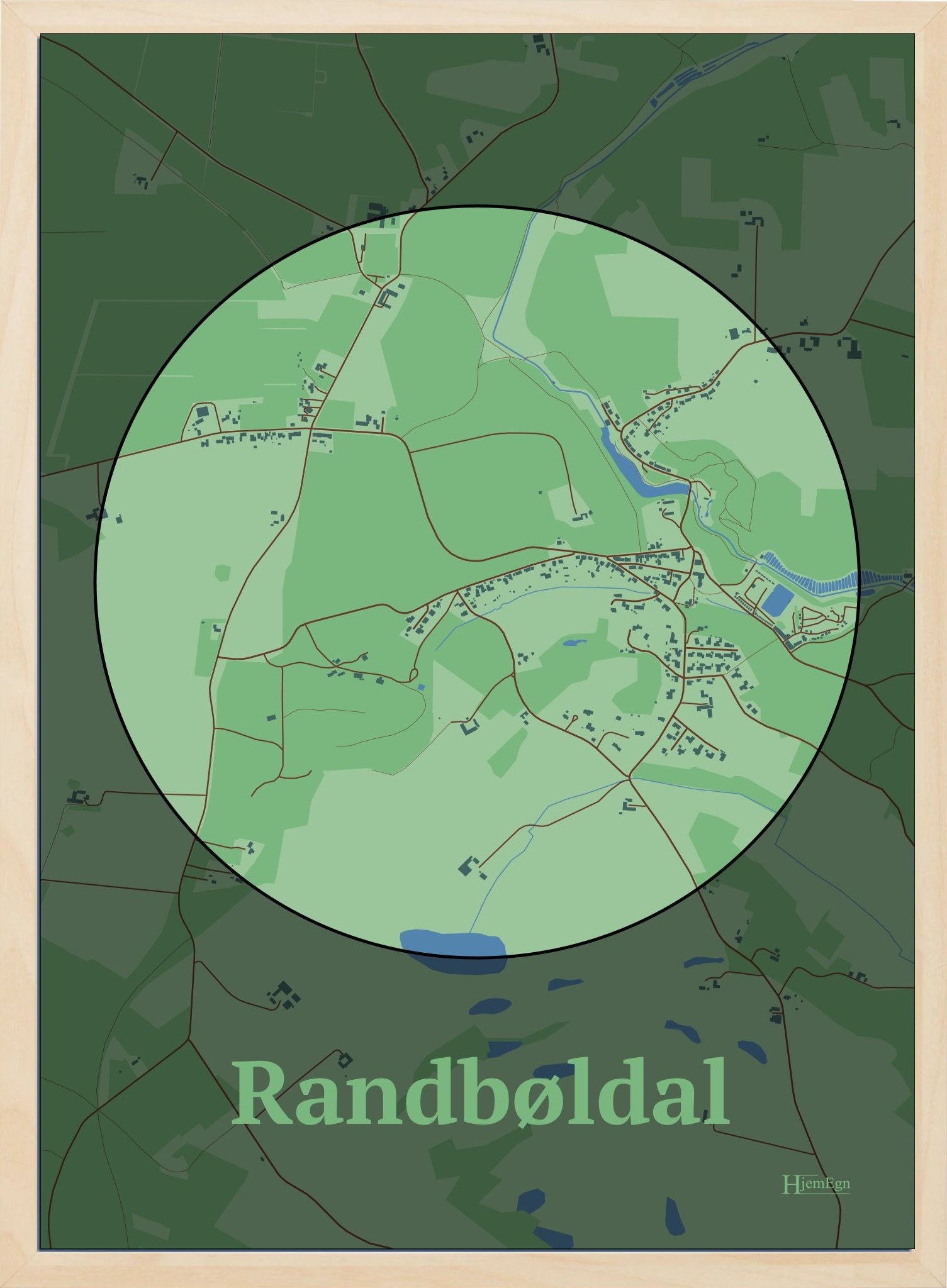 Randbøldal plakat i farve pastel grøn og HjemEgn.dk design centrum. Design bykort for Randbøldal