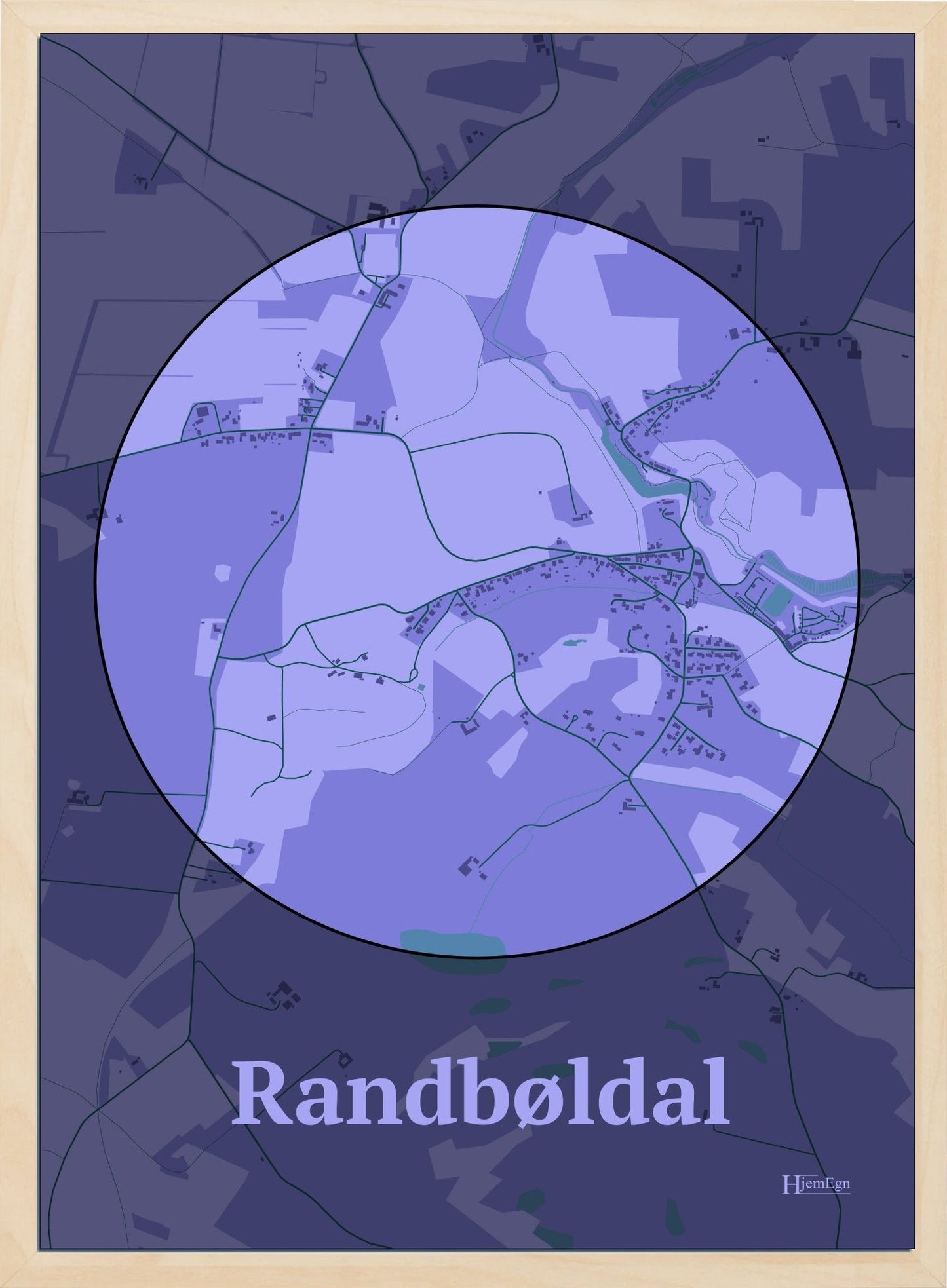 Randbøldal plakat i farve pastel lilla og HjemEgn.dk design centrum. Design bykort for Randbøldal