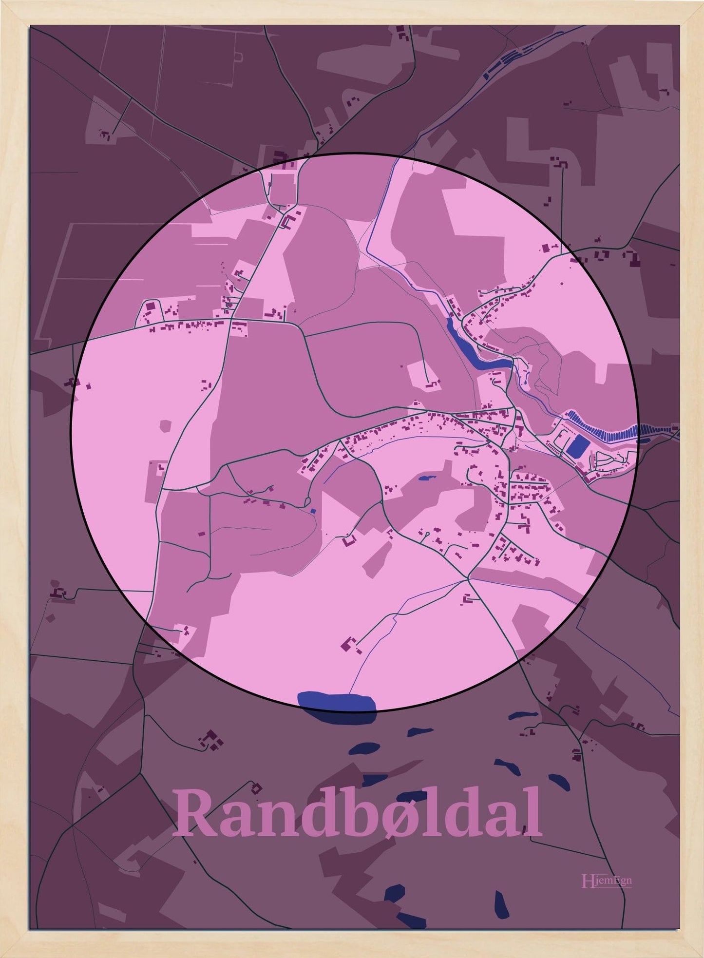 Randbøldal plakat i farve pastel rød og HjemEgn.dk design centrum. Design bykort for Randbøldal