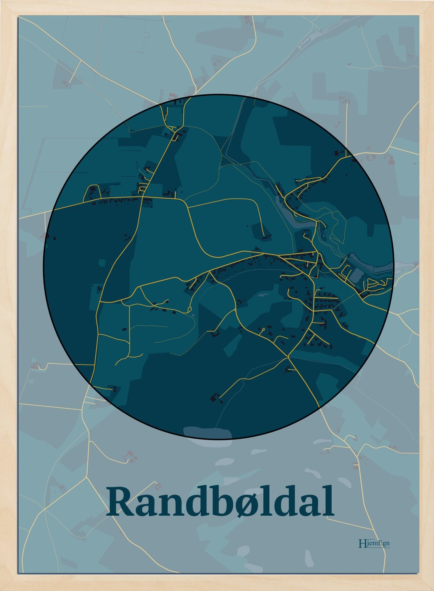Randbøldal plakat i farve mørk blå og HjemEgn.dk design centrum. Design bykort for Randbøldal