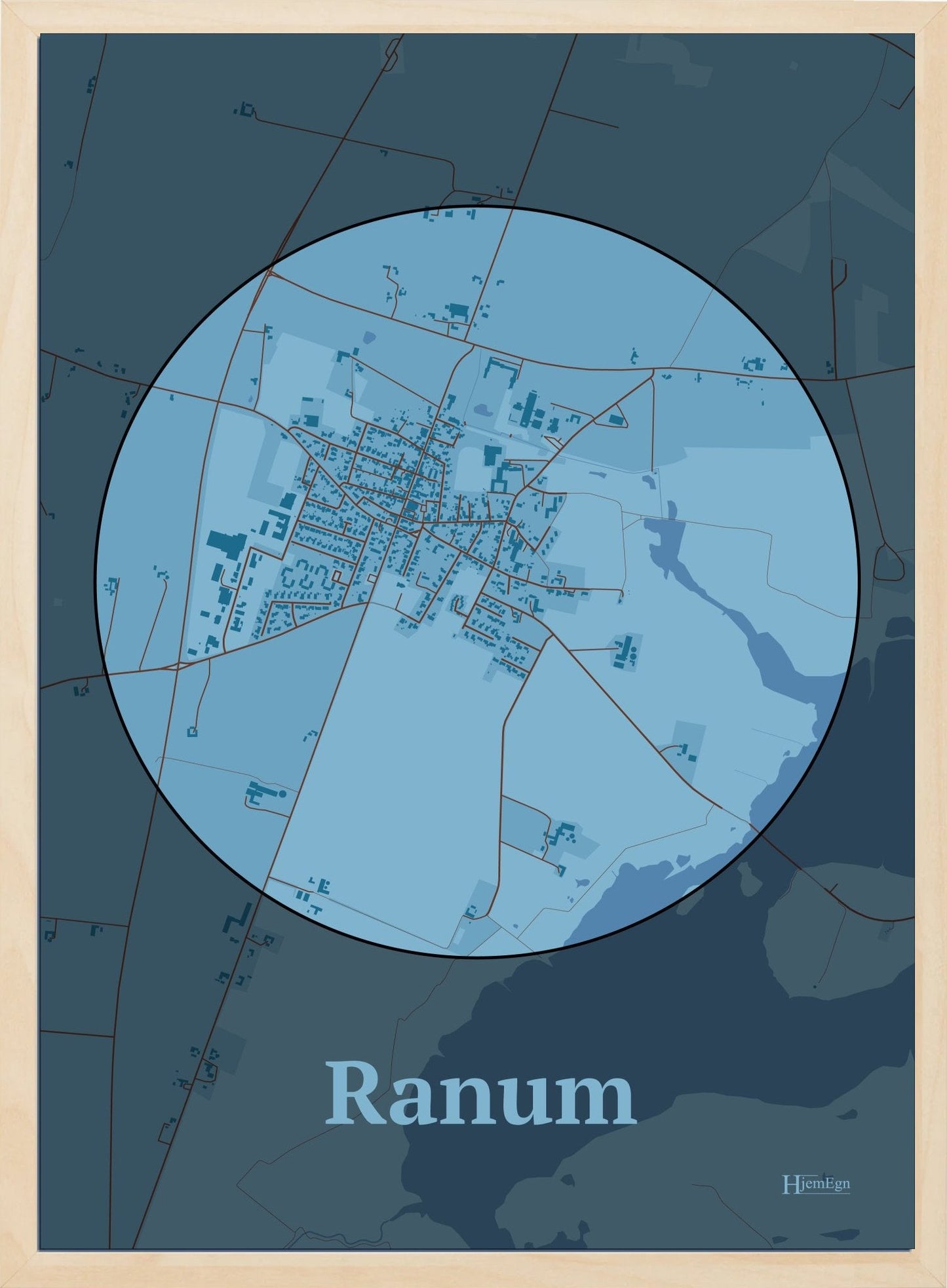 Ranum plakat i farve pastel blå og HjemEgn.dk design centrum. Design bykort for Ranum