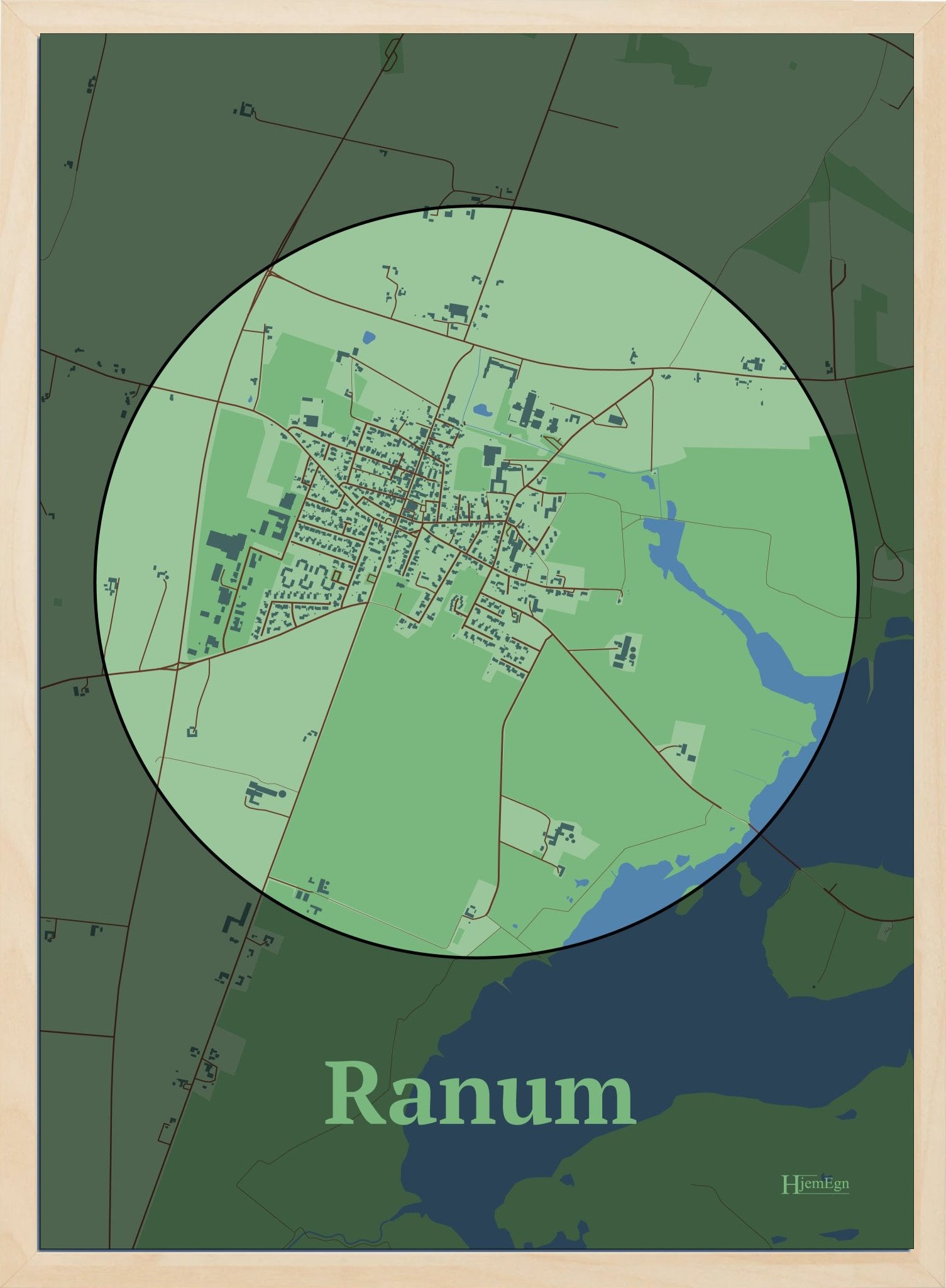 Ranum plakat i farve pastel grøn og HjemEgn.dk design centrum. Design bykort for Ranum
